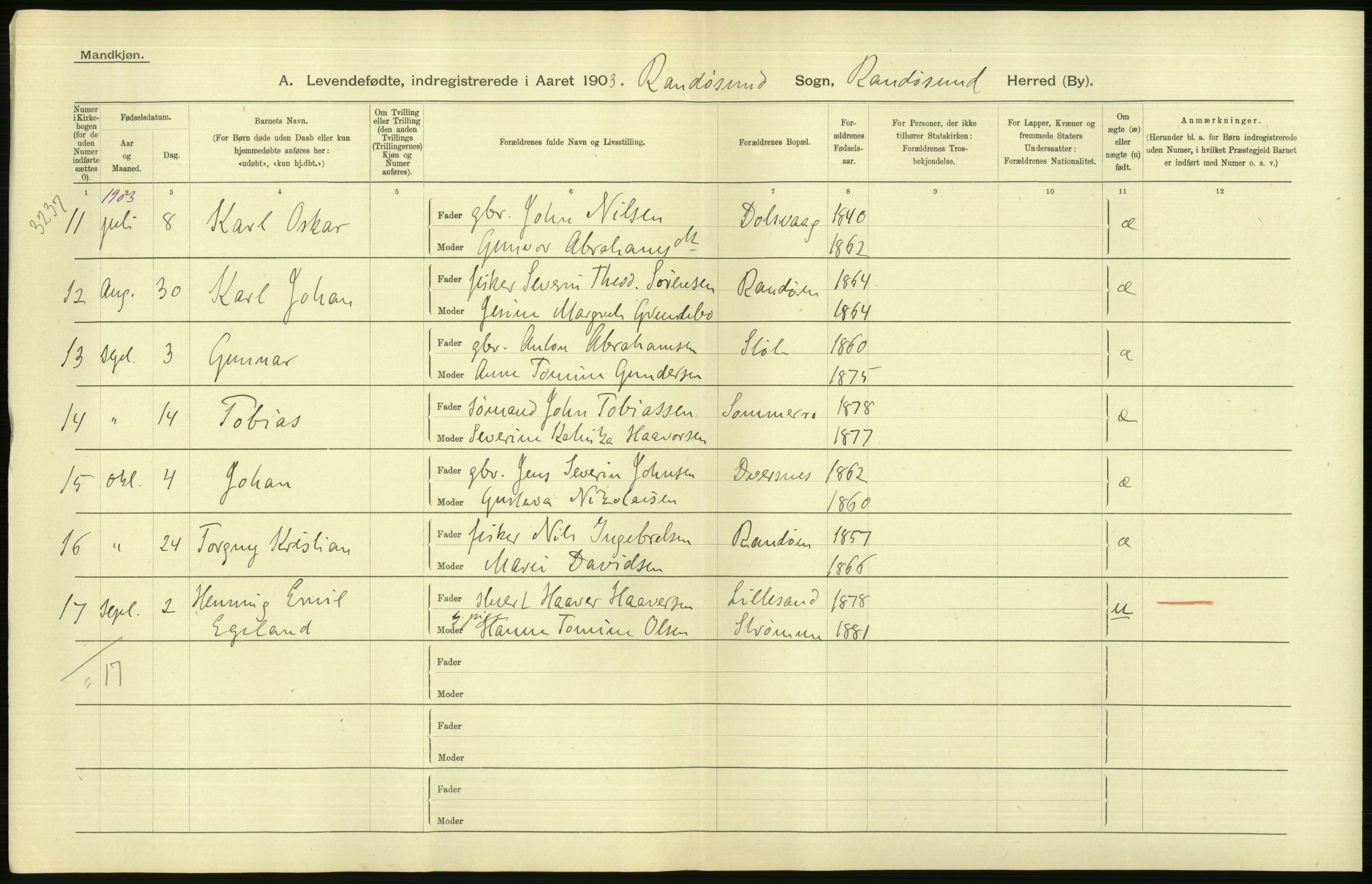 Statistisk sentralbyrå, Sosiodemografiske emner, Befolkning, AV/RA-S-2228/D/Df/Dfa/Dfaa/L0011: Lister og Mandal amt: Fødte, gifte, døde, 1903, p. 196