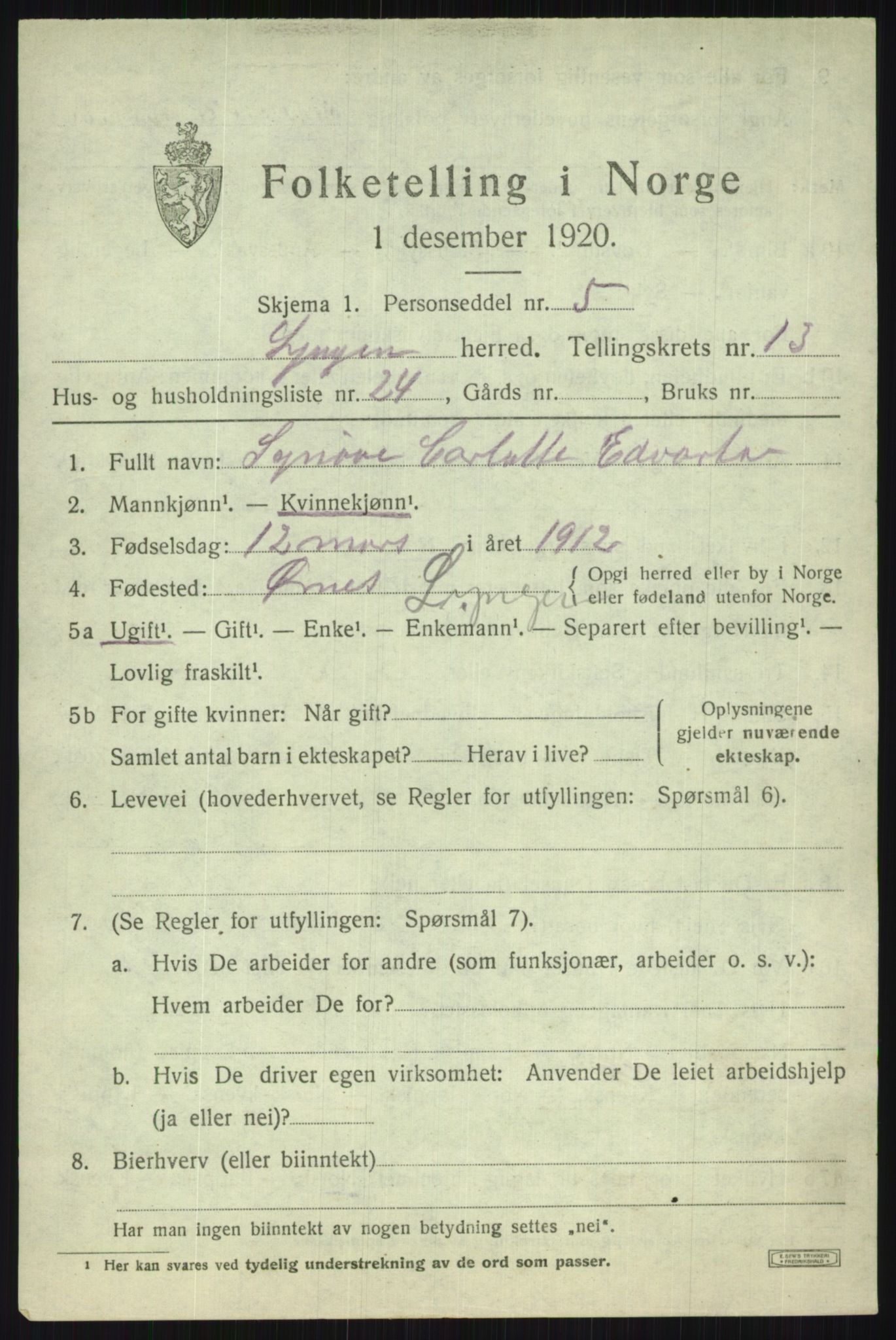SATØ, 1920 census for Lyngen, 1920, p. 10377