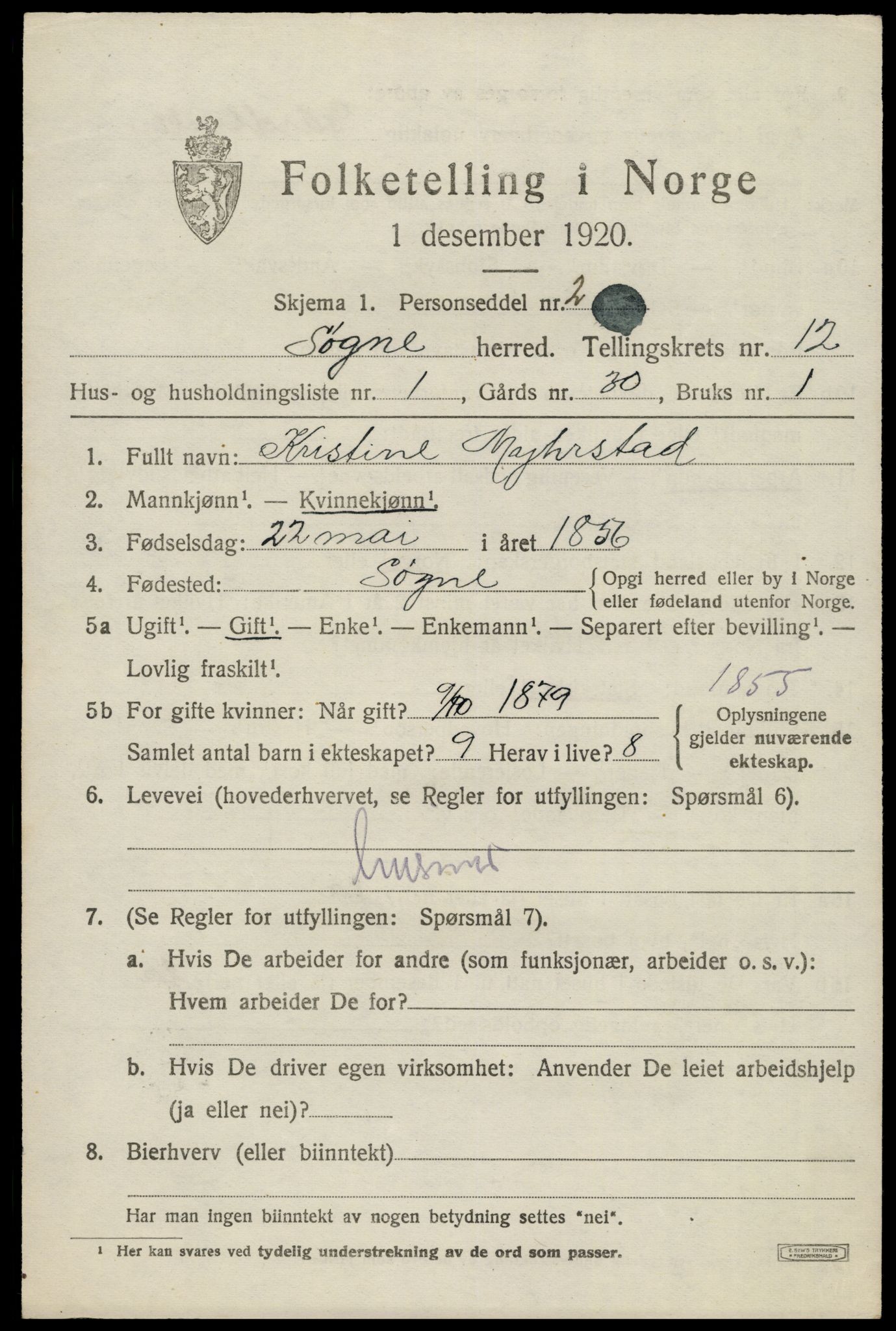 SAK, 1920 census for Søgne, 1920, p. 5927