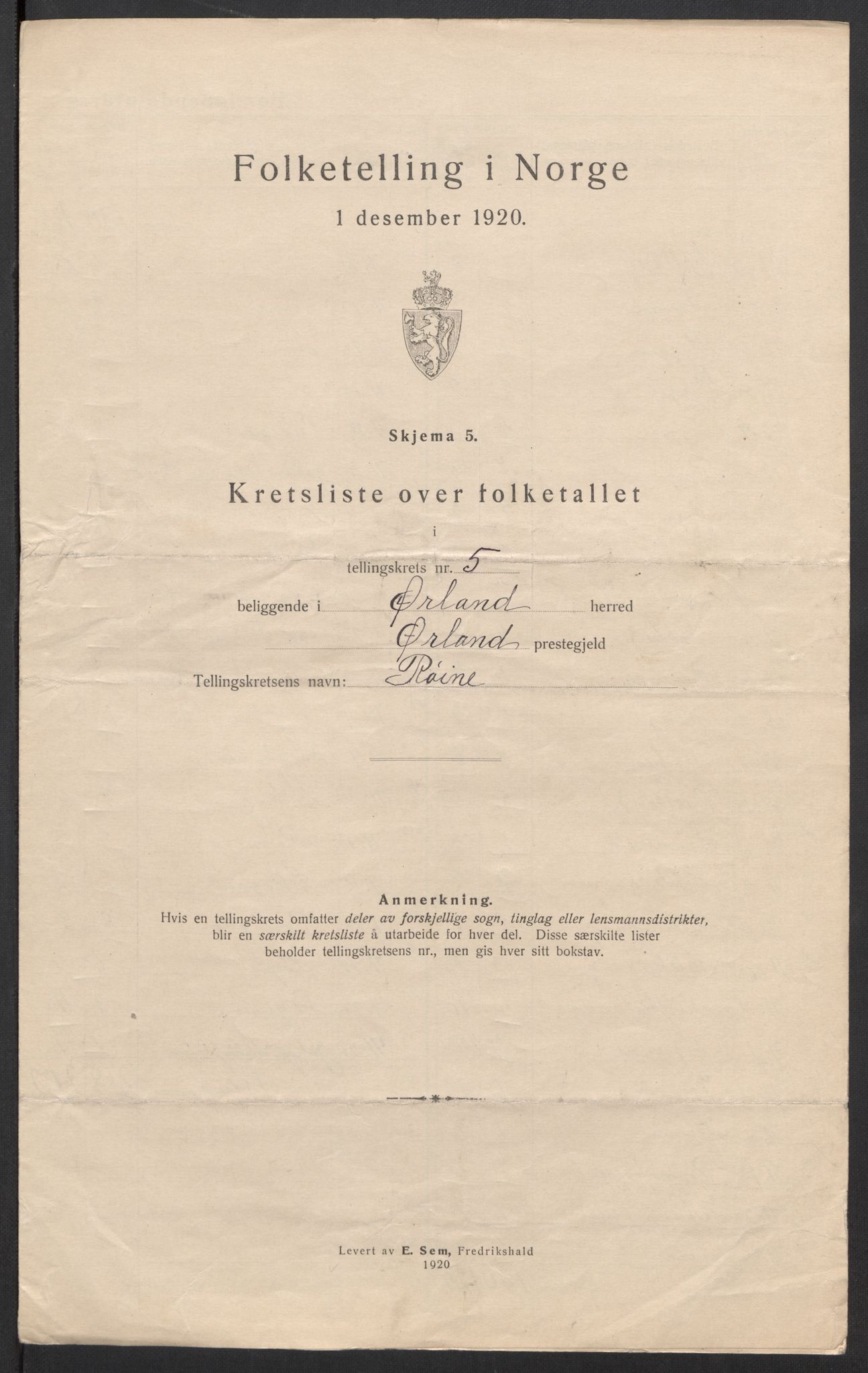 SAT, 1920 census for Ørland, 1920, p. 20