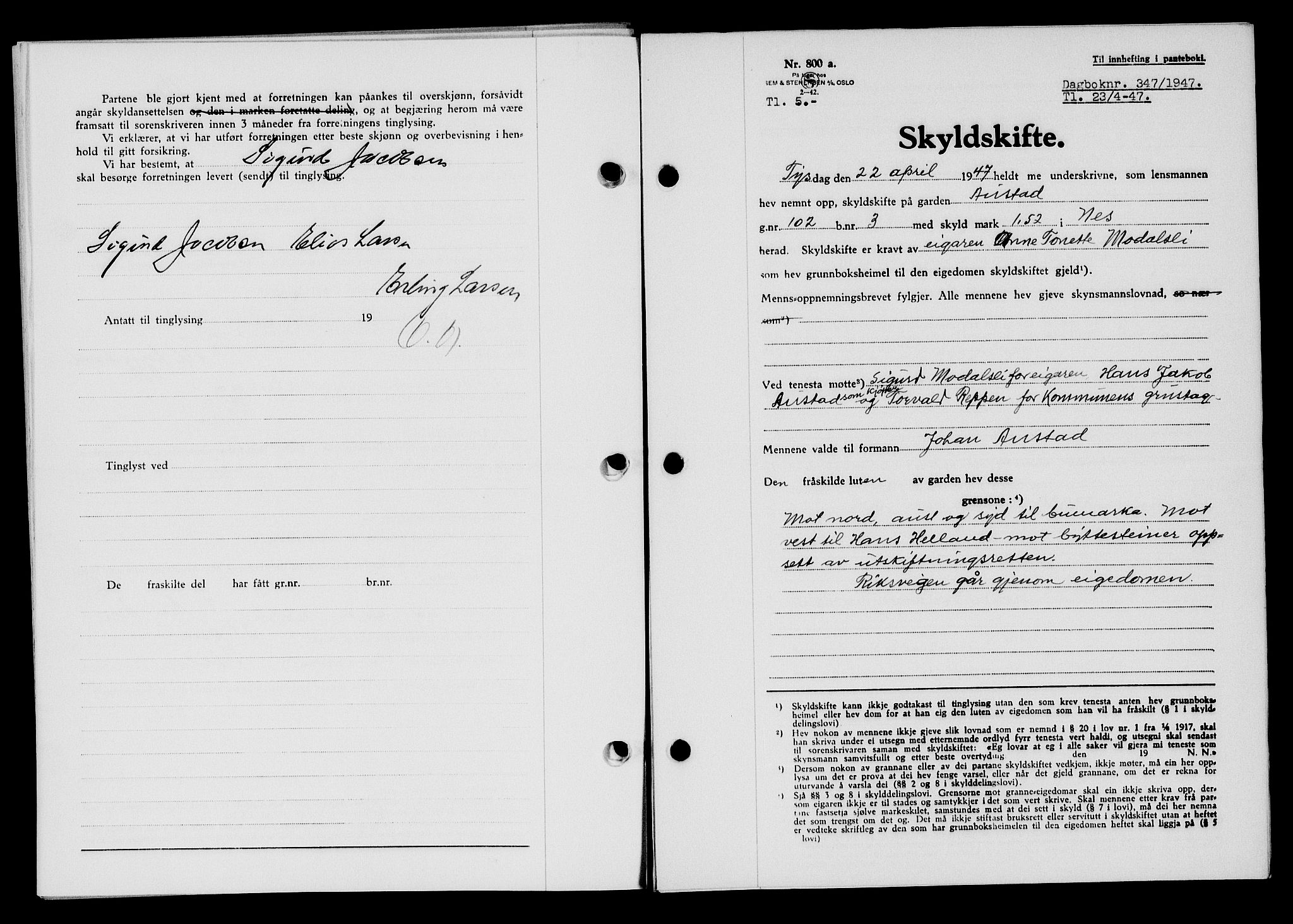 Flekkefjord sorenskriveri, SAK/1221-0001/G/Gb/Gba/L0062: Mortgage book no. A-10, 1947-1947, Diary no: : 347/1947