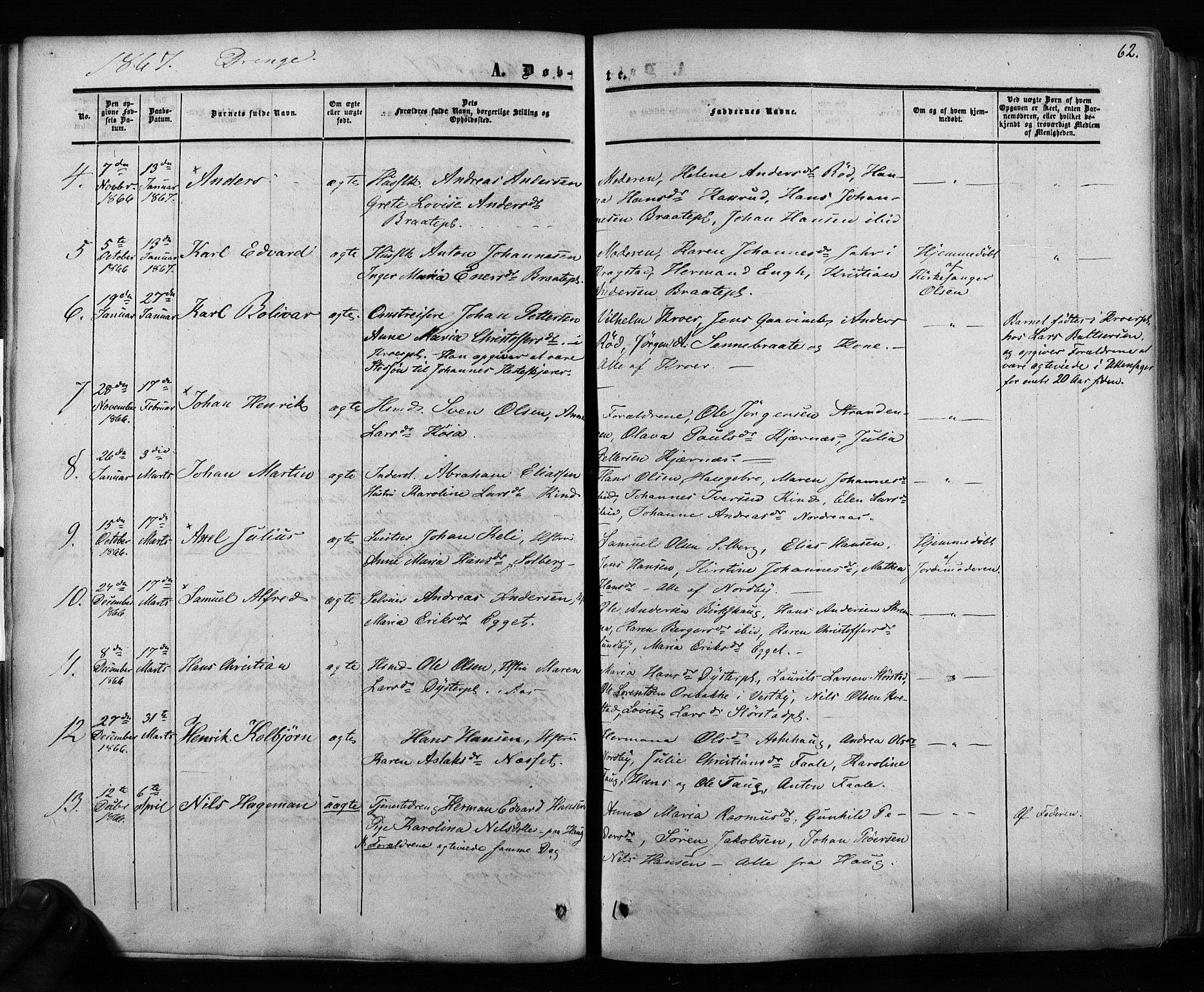 Ås prestekontor Kirkebøker, AV/SAO-A-10894/F/Fa/L0007: Parish register (official) no. I 7, 1854-1870, p. 62