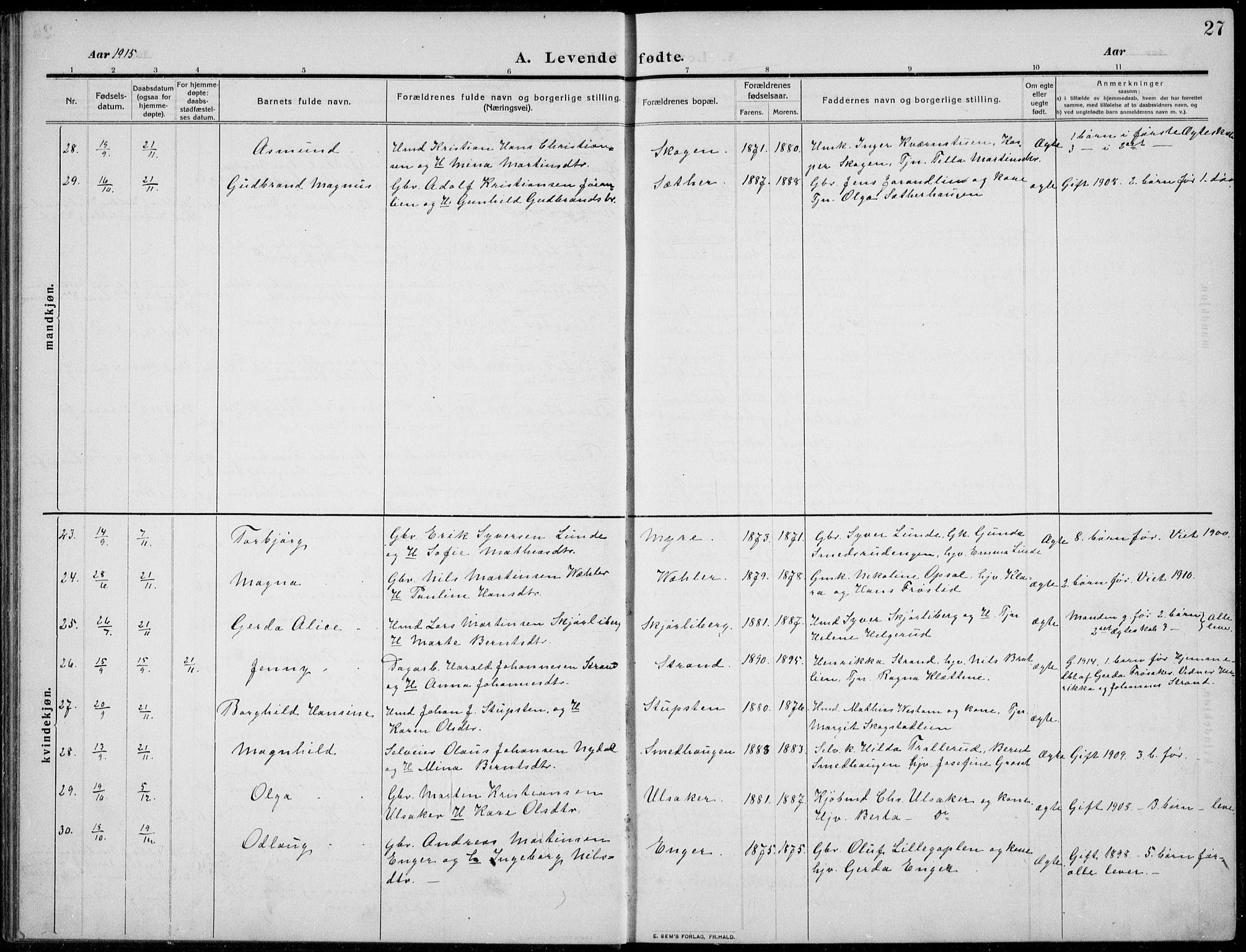 Nordre Land prestekontor, AV/SAH-PREST-124/H/Ha/Hab/L0002: Parish register (copy) no. 2, 1909-1934, p. 27