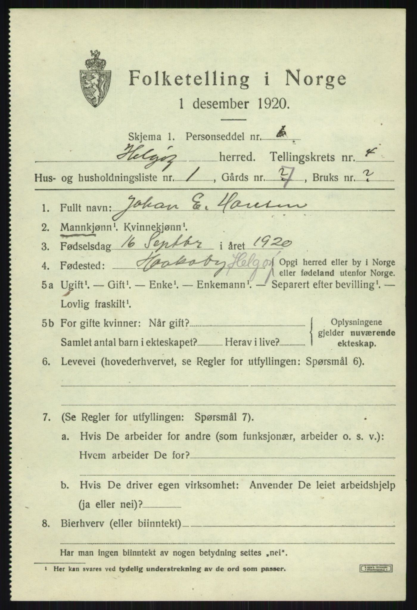 SATØ, 1920 census for Helgøy, 1920, p. 1654