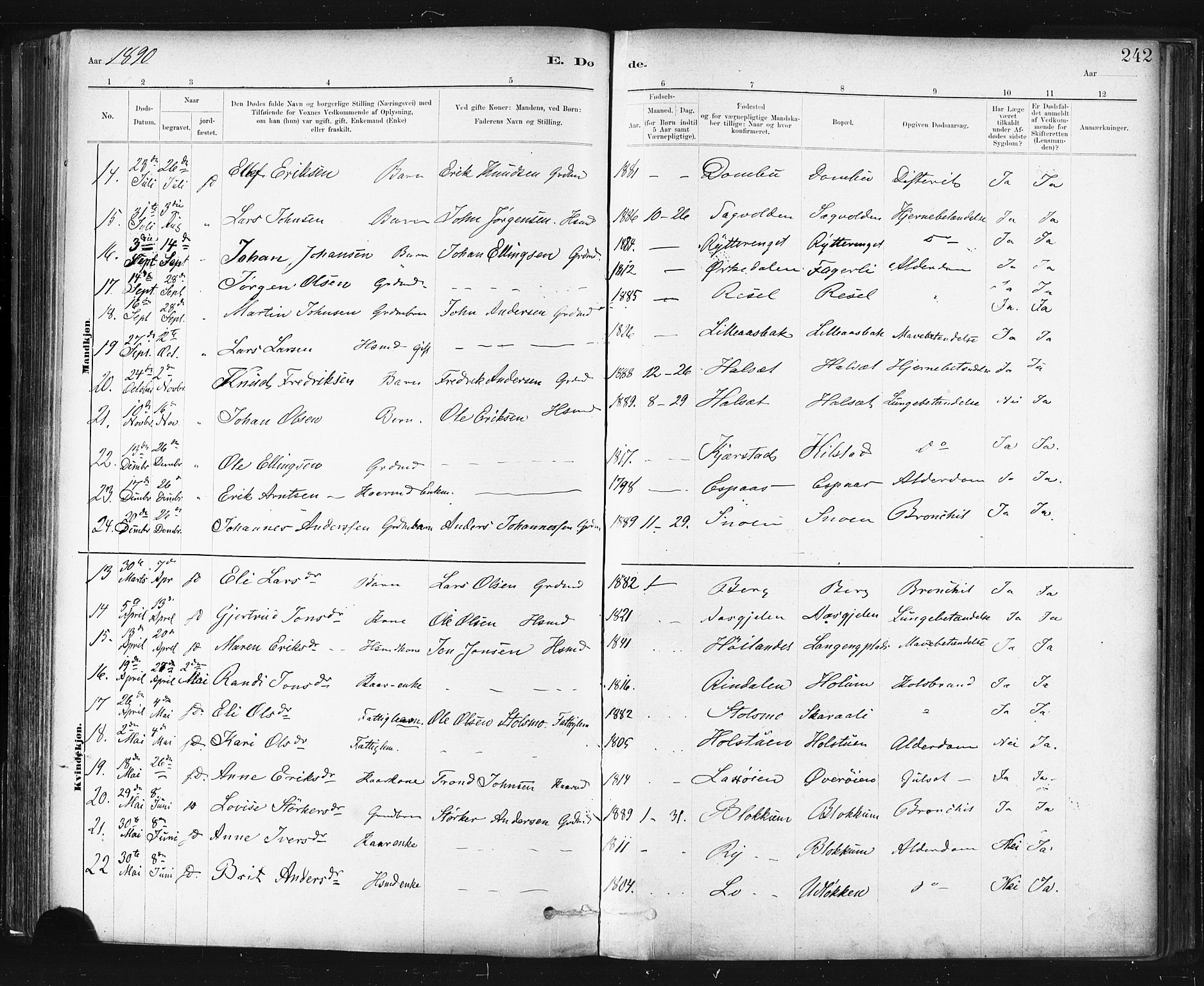 Ministerialprotokoller, klokkerbøker og fødselsregistre - Sør-Trøndelag, SAT/A-1456/672/L0857: Parish register (official) no. 672A09, 1882-1893, p. 242
