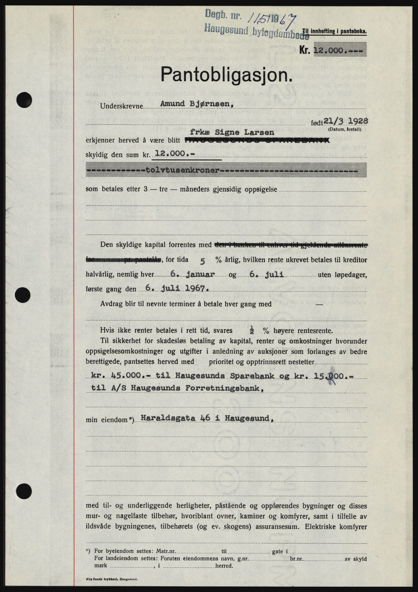 Haugesund tingrett, SAST/A-101415/01/II/IIC/L0056: Mortgage book no. B 56, 1966-1967, Diary no: : 115/1967