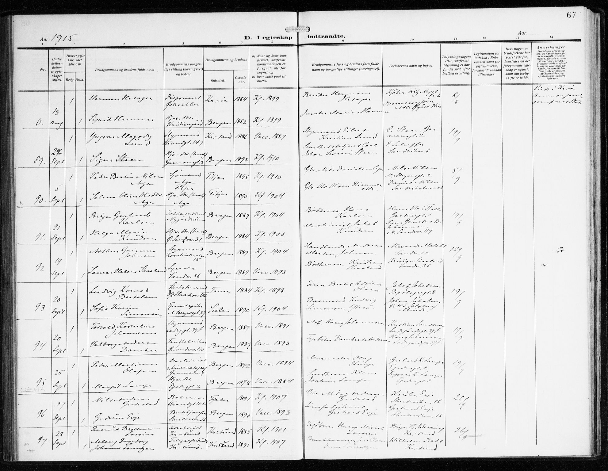 Sandviken Sokneprestembete, AV/SAB-A-77601/H/Ha/L0015: Parish register (official) no. D 2, 1911-1923, p. 67