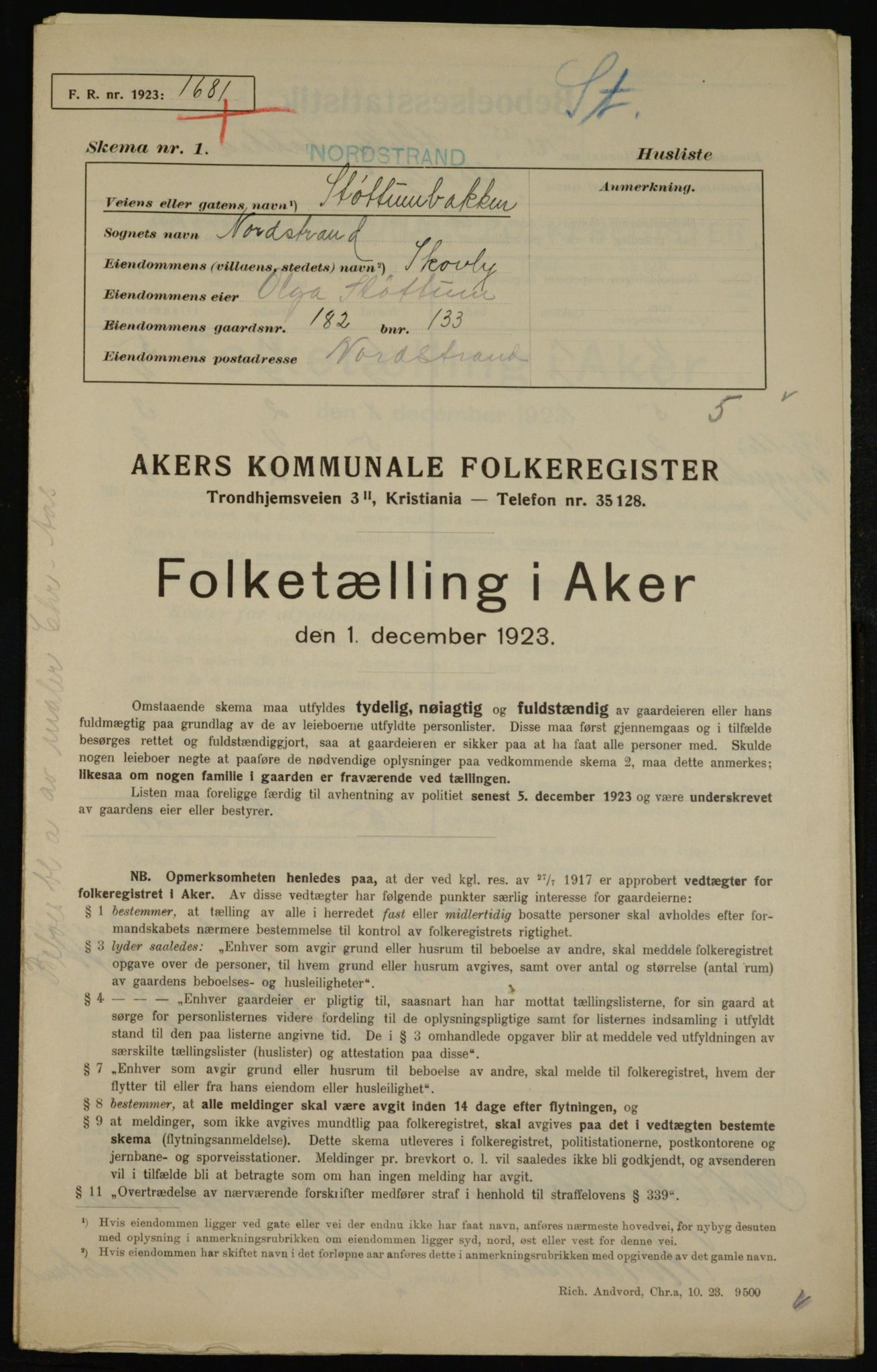 , Municipal Census 1923 for Aker, 1923, p. 46188