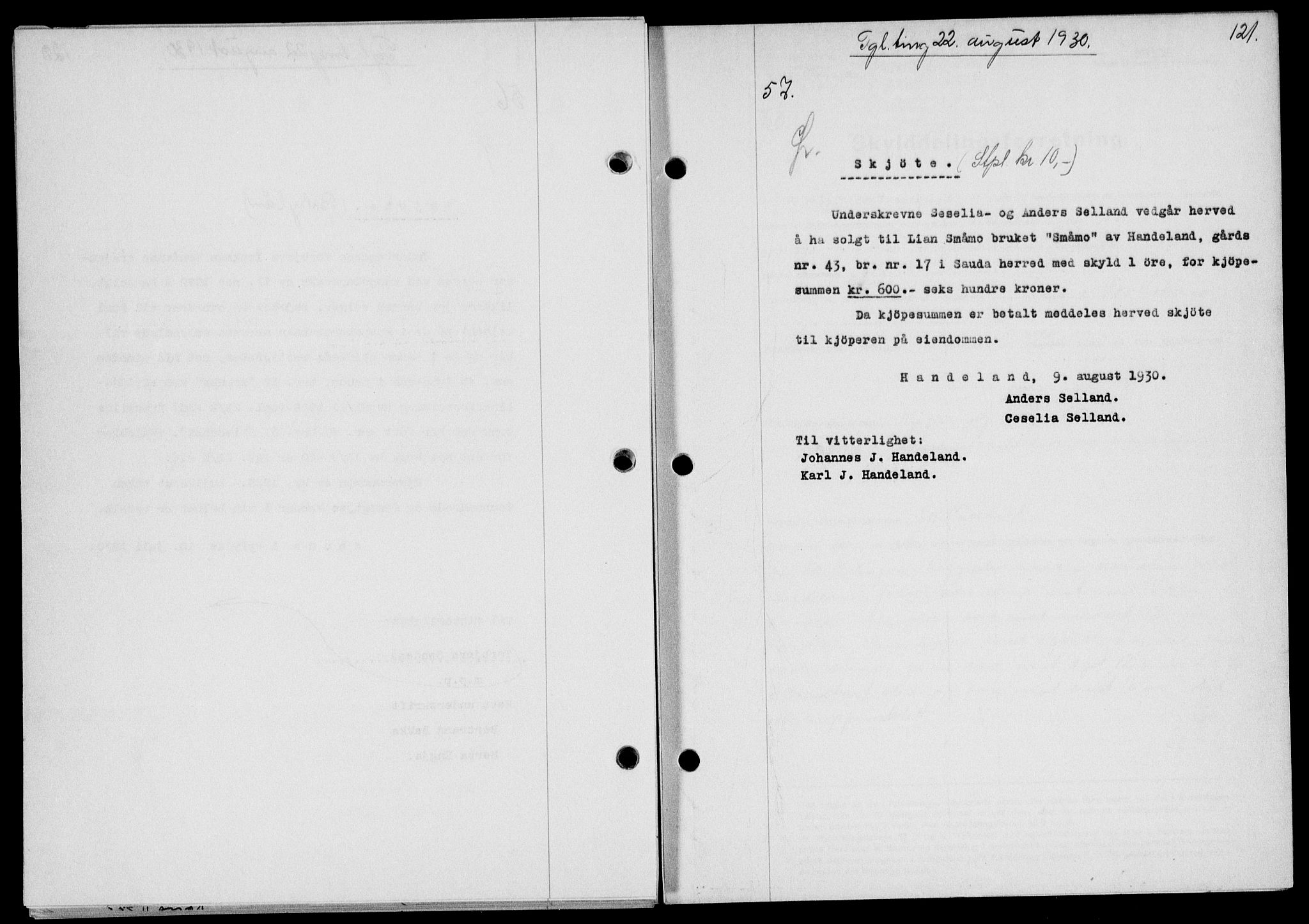 Ryfylke tingrett, AV/SAST-A-100055/001/II/IIB/L0061: Mortgage book no. 40, 1930-1931, Deed date: 22.08.1930