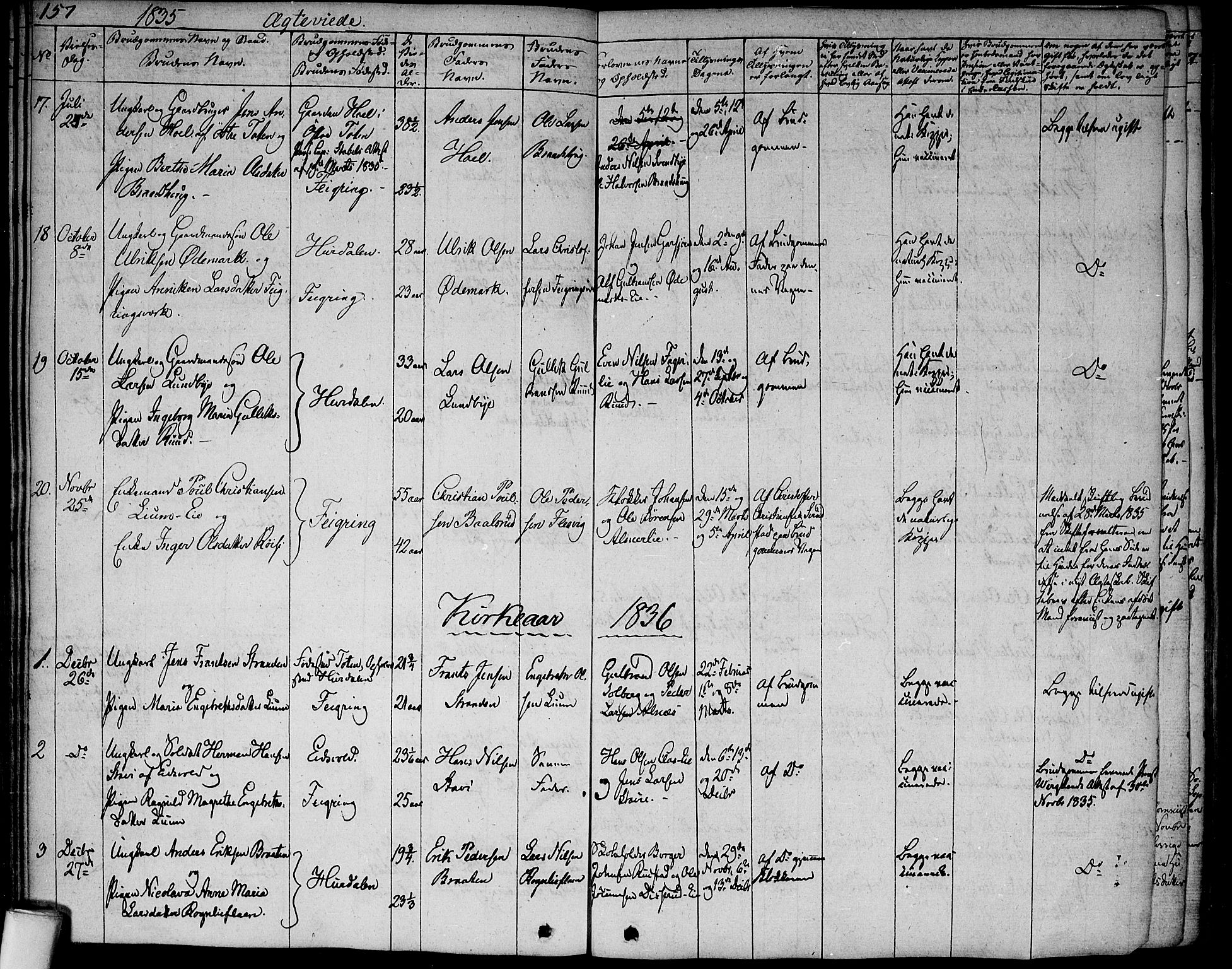 Hurdal prestekontor Kirkebøker, SAO/A-10889/F/Fa/L0004: Parish register (official) no. I 4, 1828-1845, p. 157