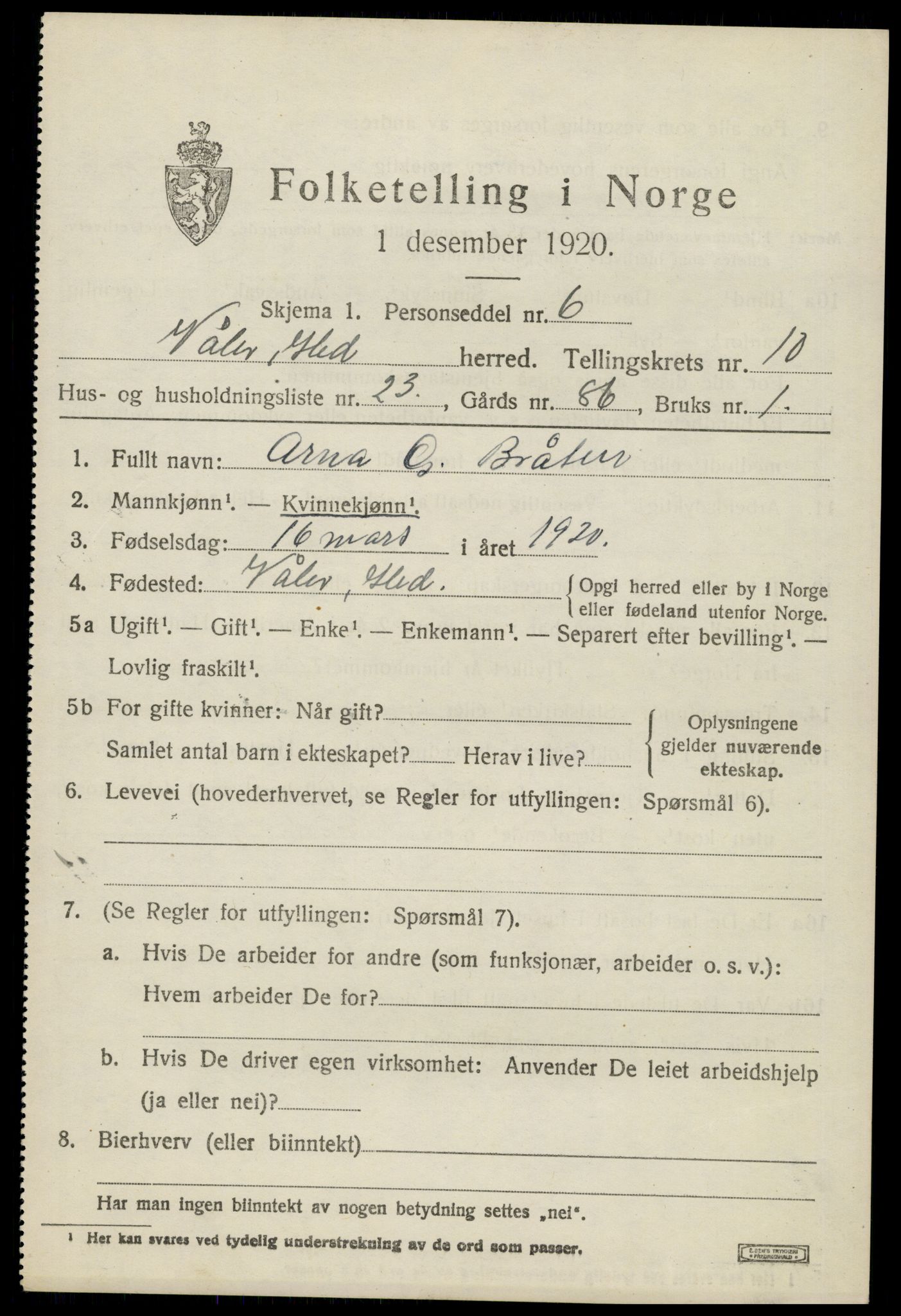 SAH, 1920 census for Våler (Hedmark), 1920, p. 10163