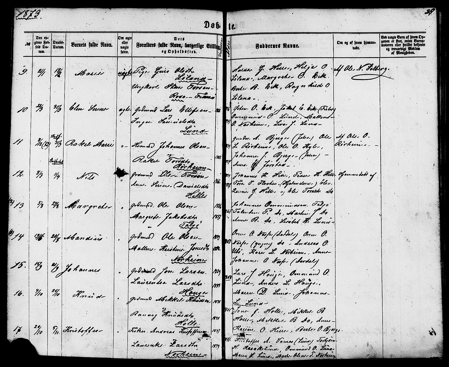Nedstrand sokneprestkontor, SAST/A-101841/01/IV: Parish register (official) no. A 10, 1861-1887, p. 39