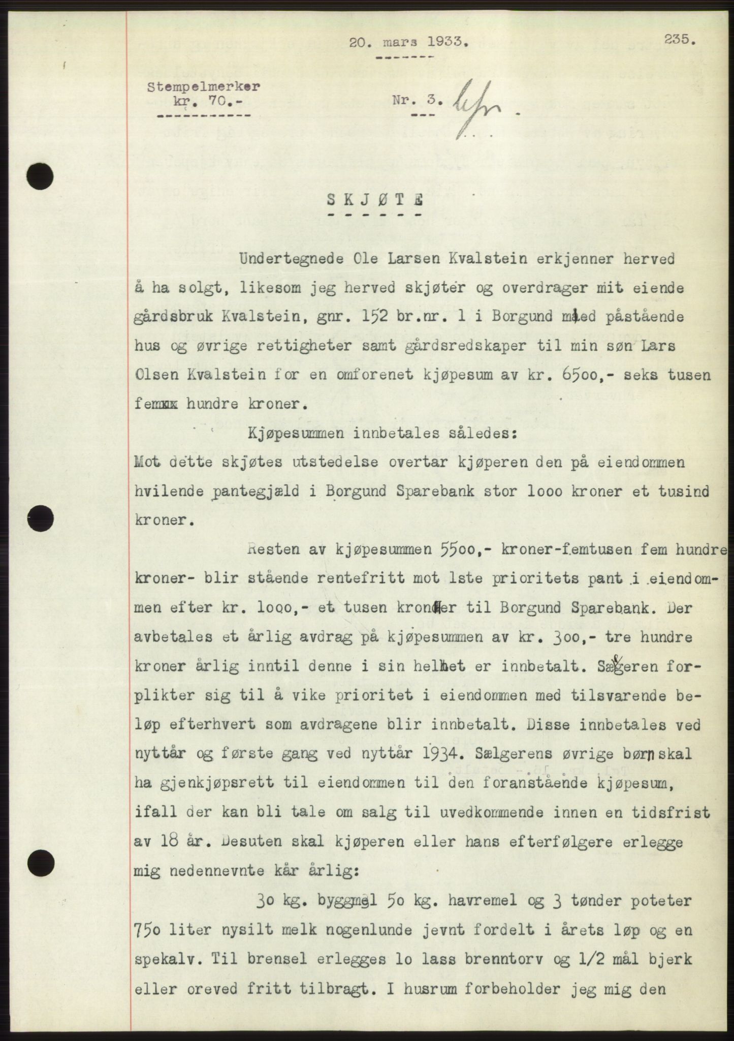 Nordre Sunnmøre sorenskriveri, AV/SAT-A-0006/1/2/2C/2Ca/L0052: Mortgage book no. 52, 1933-1933, Deed date: 20.03.1933