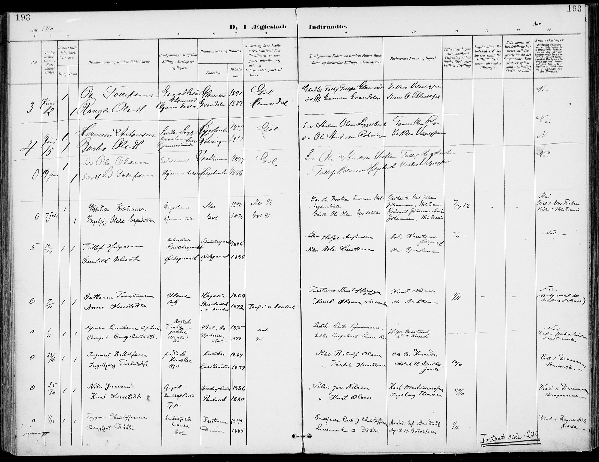 Gol kirkebøker, AV/SAKO-A-226/F/Fa/L0006: Parish register (official) no. I 6, 1901-1918, p. 193