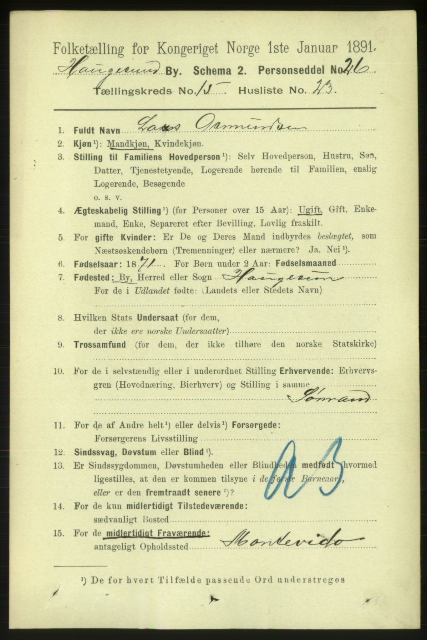 RA, 1891 census for 1106 Haugesund, 1891, p. 5176