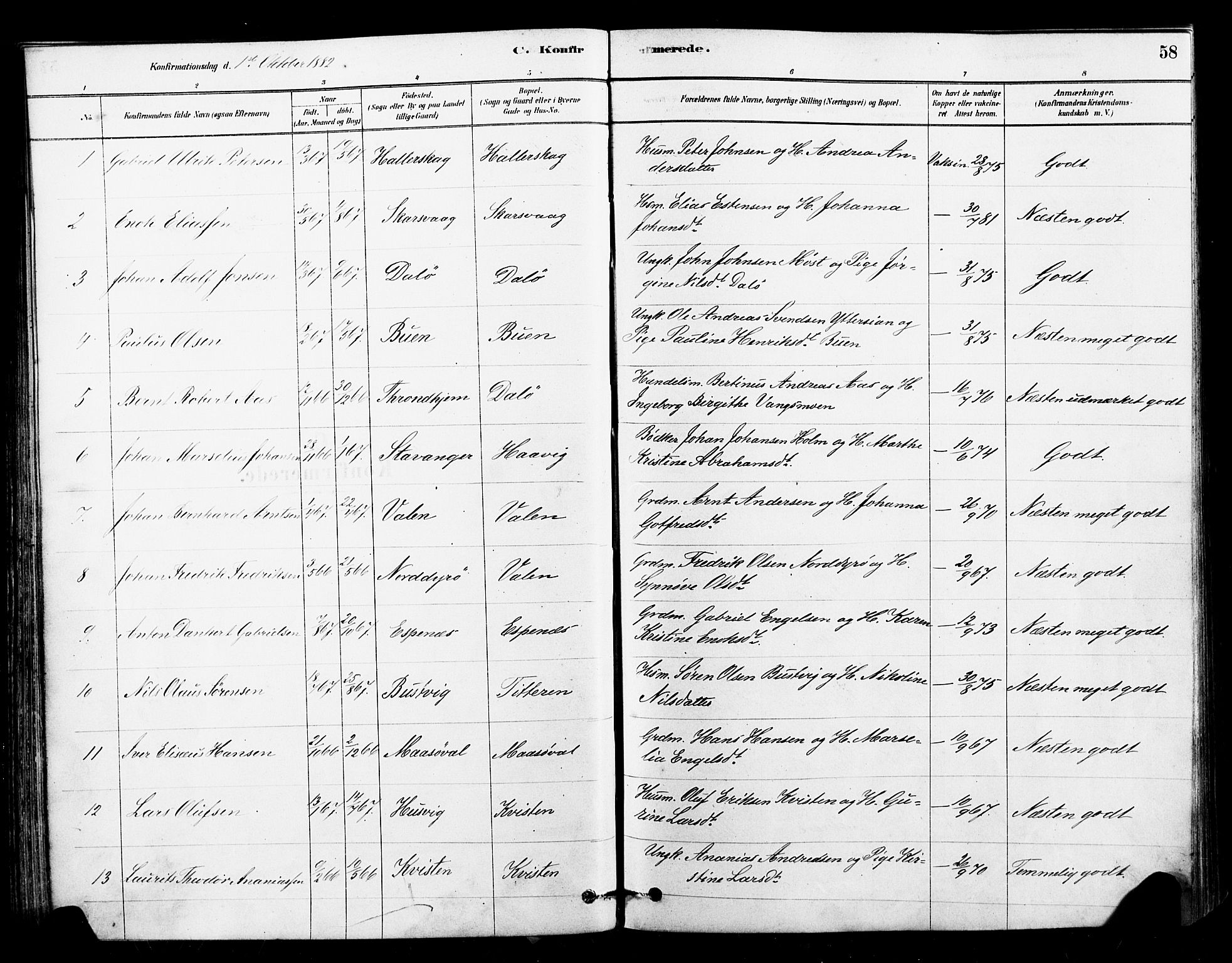 Ministerialprotokoller, klokkerbøker og fødselsregistre - Sør-Trøndelag, AV/SAT-A-1456/641/L0595: Parish register (official) no. 641A01, 1882-1897, p. 58