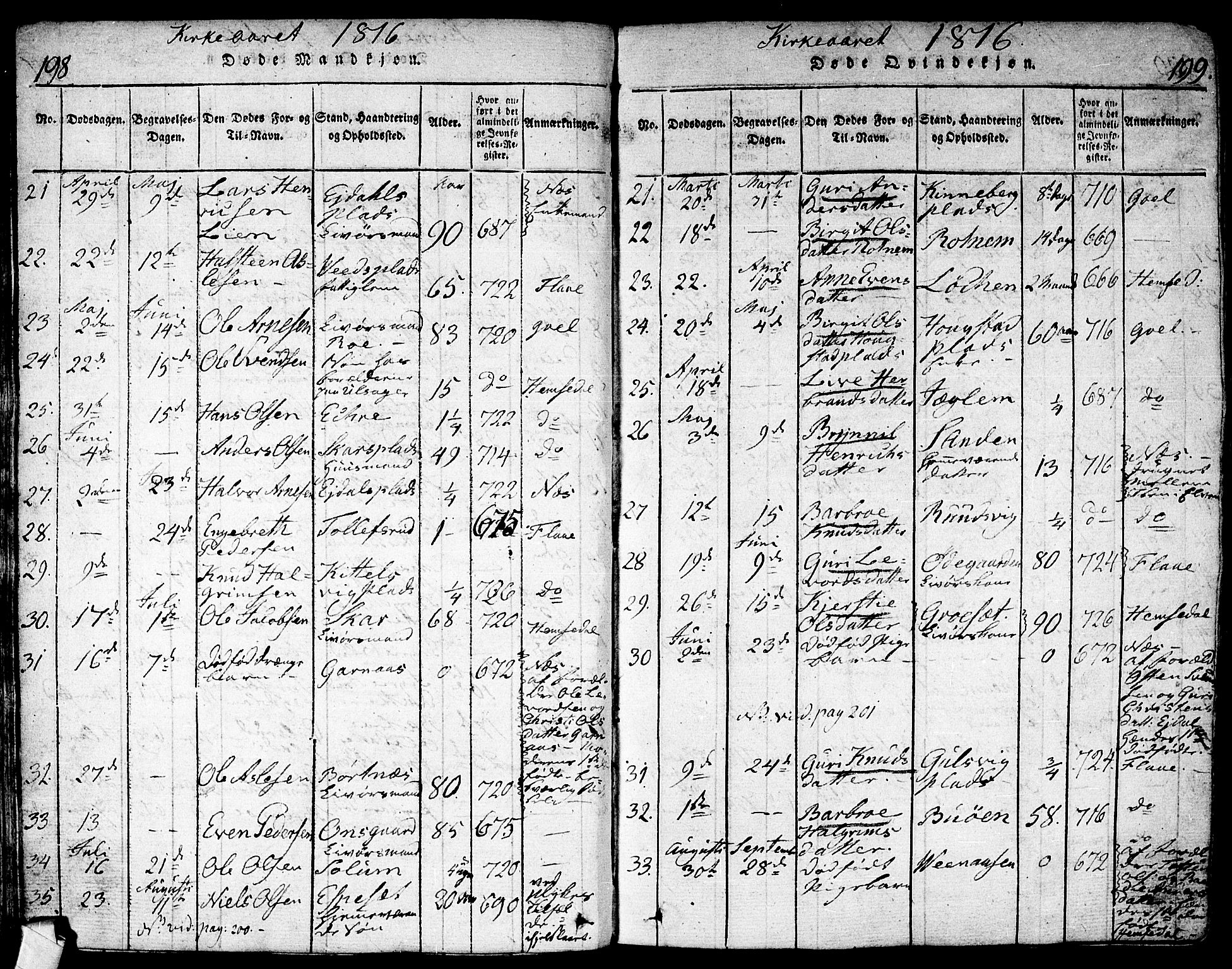 Nes kirkebøker, AV/SAKO-A-236/F/Fa/L0007: Parish register (official) no. 7, 1815-1823, p. 198-199