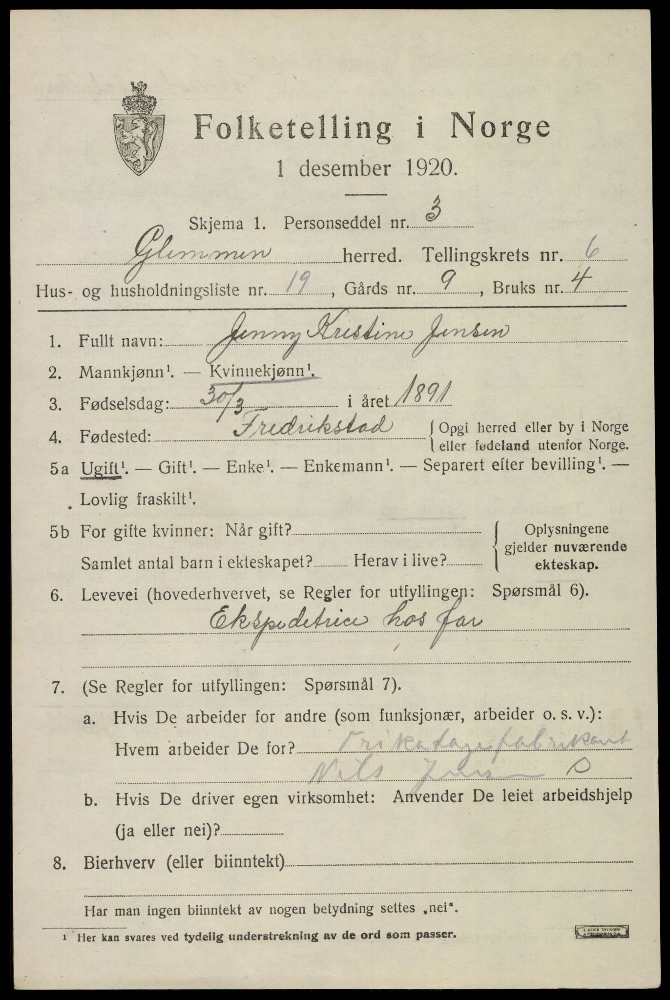 SAO, 1920 census for Glemmen, 1920, p. 18849