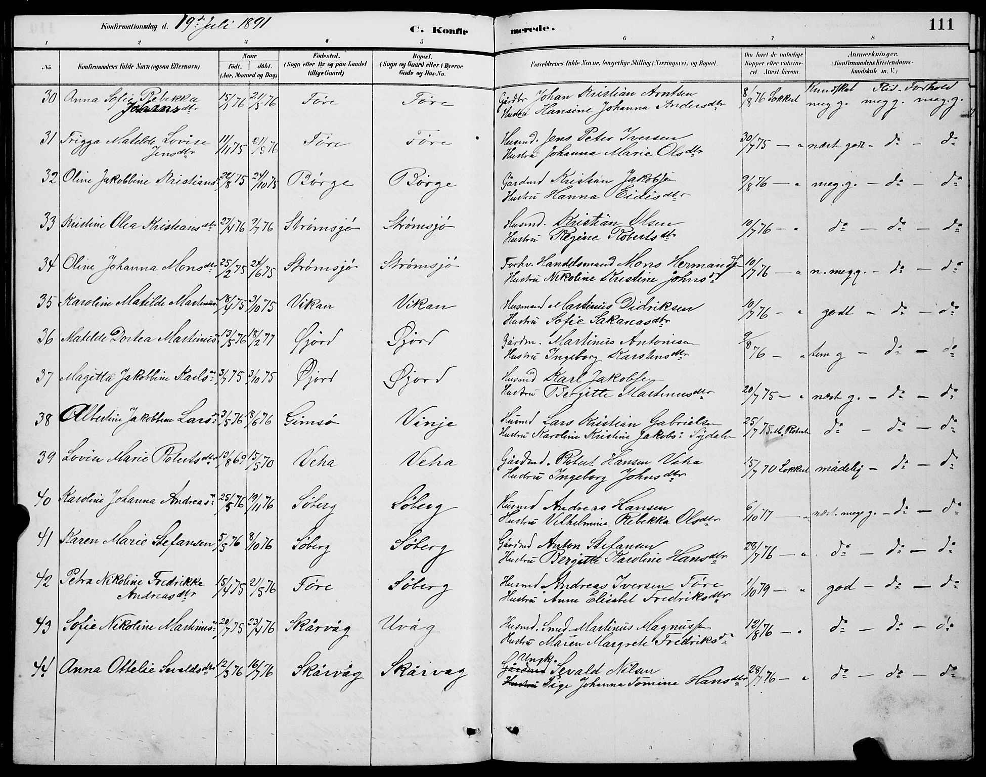 Ministerialprotokoller, klokkerbøker og fødselsregistre - Nordland, SAT/A-1459/891/L1315: Parish register (copy) no. 891C04, 1886-1893, p. 111