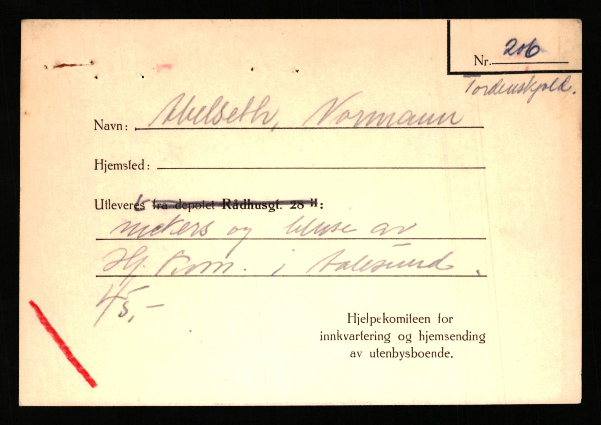 Justisdepartementet, Oppgjørsavdelingen, AV/RA-S-1056/G/Gb/L0001: Oppgaver over ettersøkte sivile effekter: Abel - Andersen, Anders J., 1940-1942, p. 39