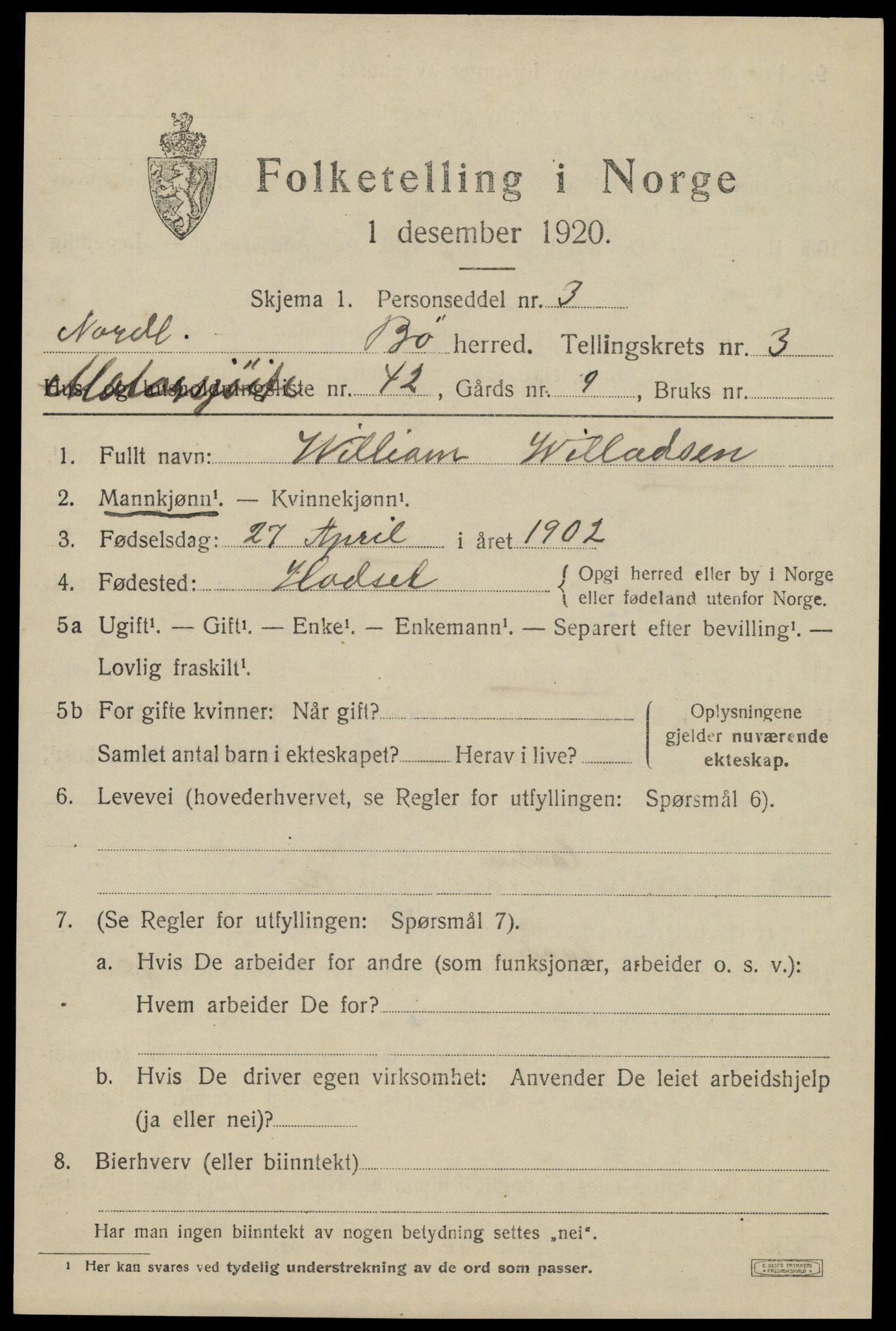 SAT, 1920 census for Bø, 1920, p. 3176