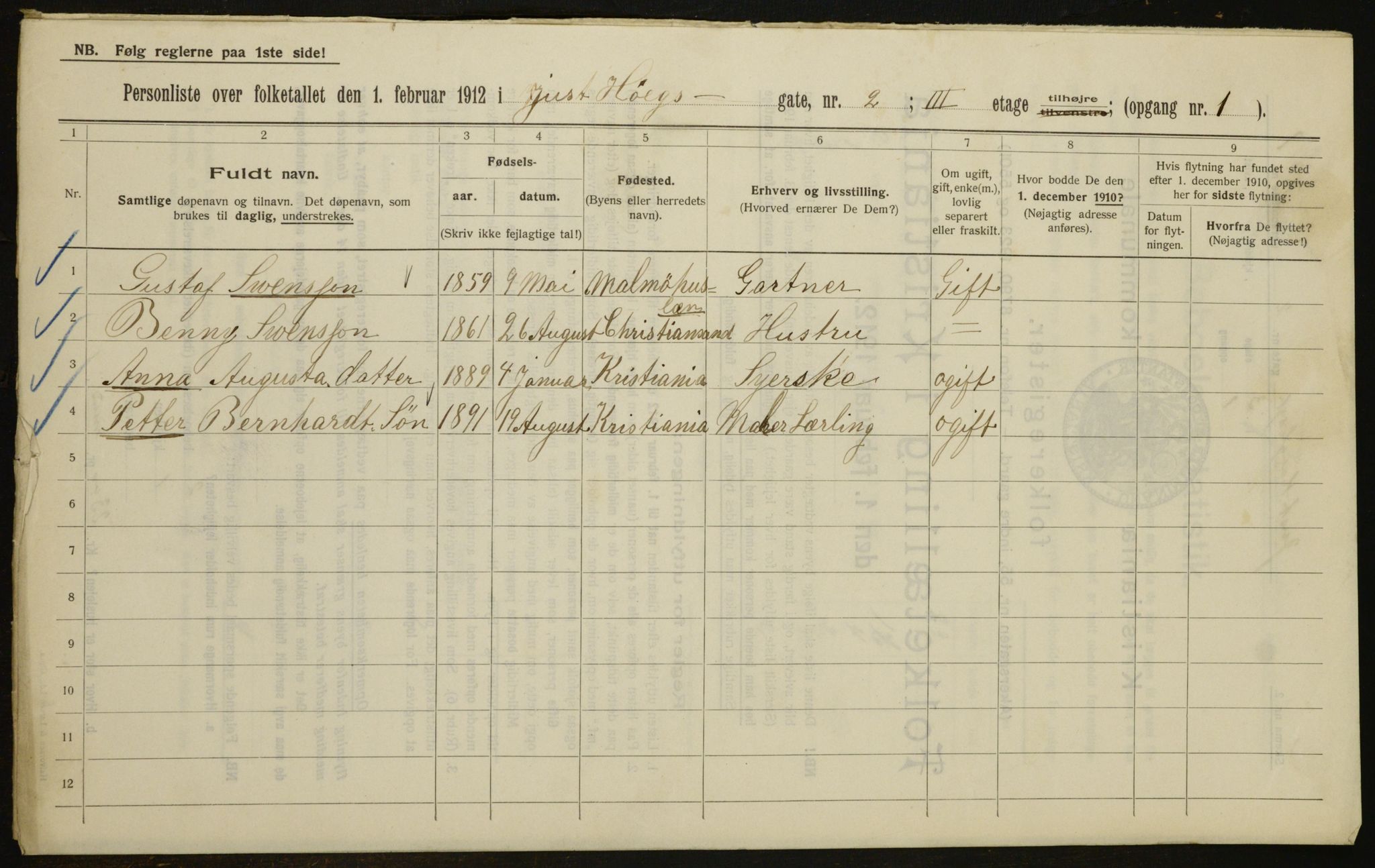 OBA, Municipal Census 1912 for Kristiania, 1912, p. 47984