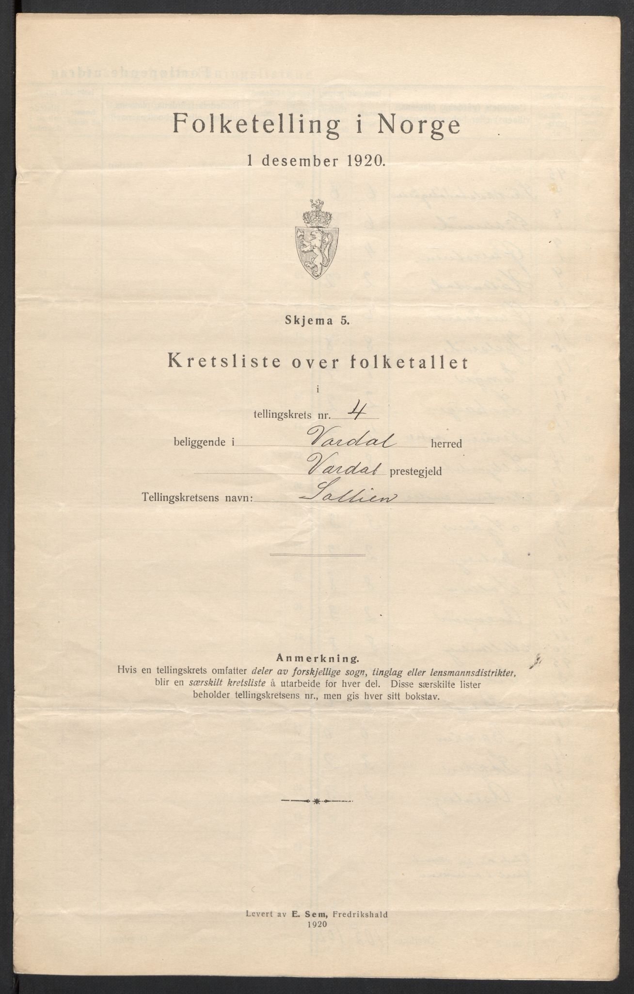 SAH, 1920 census for Vardal, 1920, p. 18