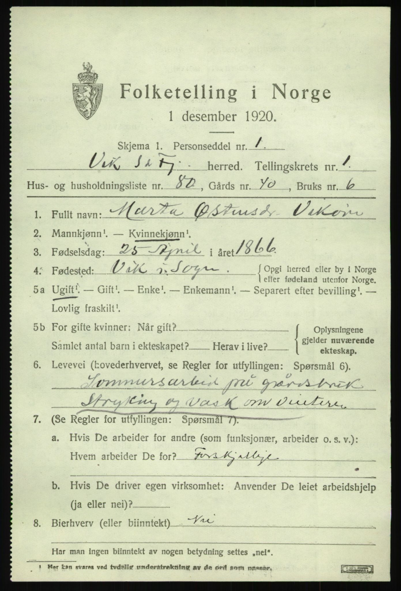 SAB, 1920 census for Vik, 1920, p. 1905