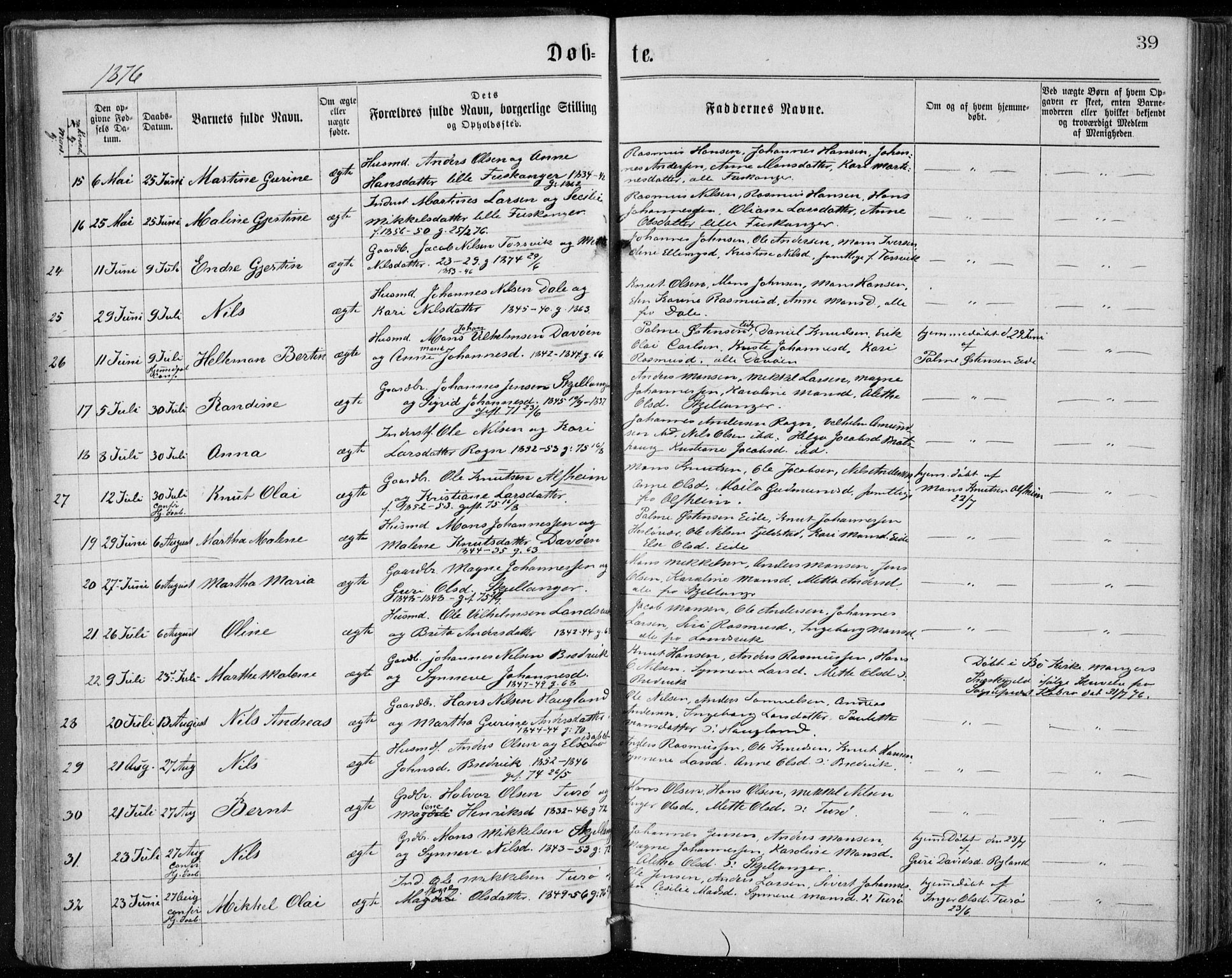 Herdla Sokneprestembete, AV/SAB-A-75701/H/Haa: Parish register (official) no. A 2, 1869-1877, p. 39