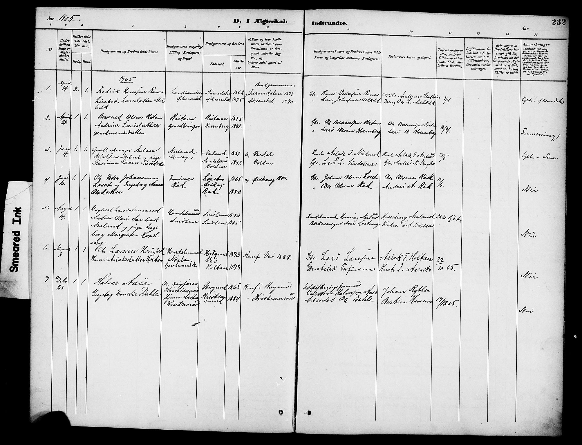 Ministerialprotokoller, klokkerbøker og fødselsregistre - Møre og Romsdal, AV/SAT-A-1454/551/L0632: Parish register (copy) no. 551C04, 1894-1920, p. 232