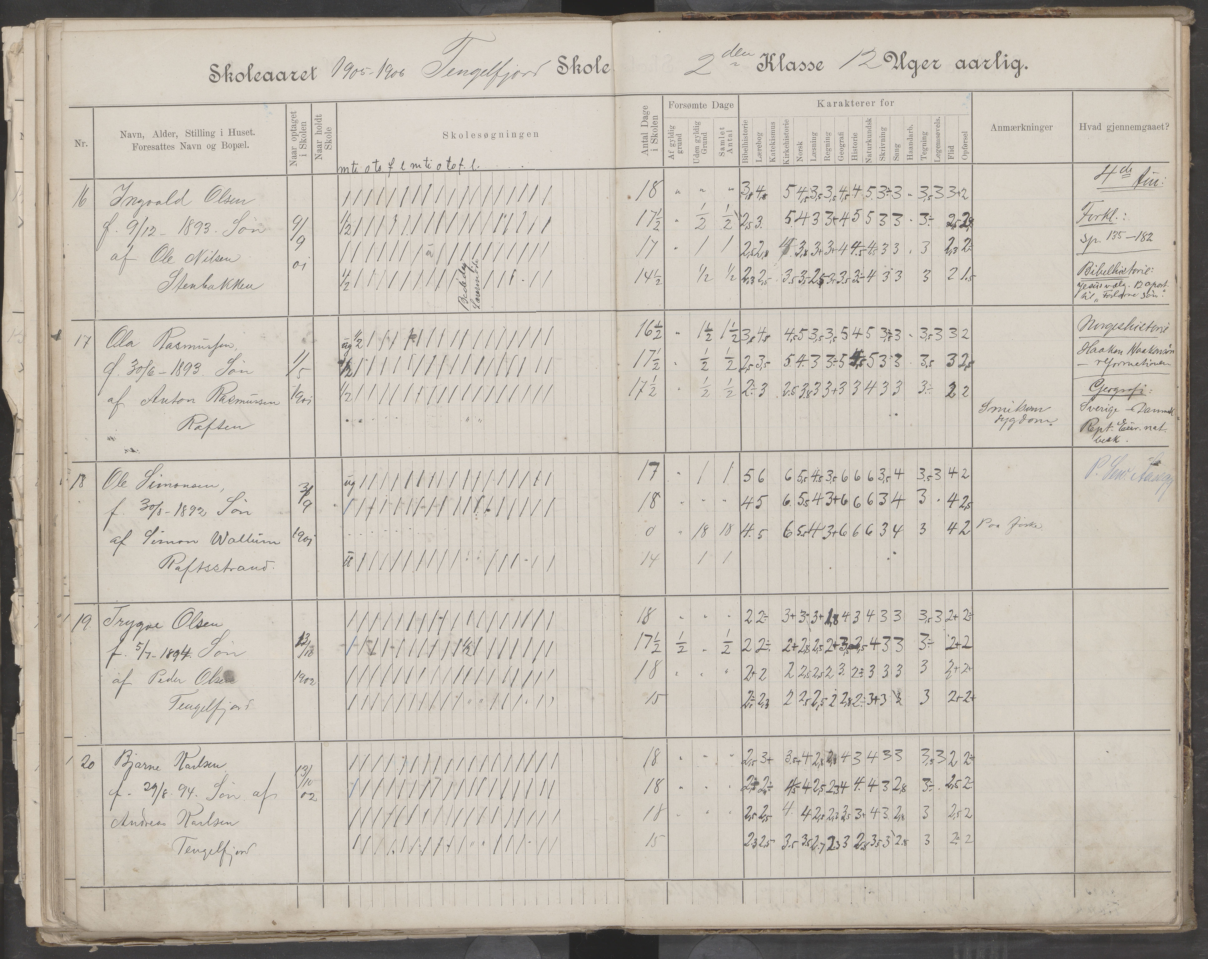 Hadsel kommune. Tengelfjord skolekrets, AIN/K-18660.510.04/G/L0001: Skoleprotokoll for Tengelfjord skole, 1899-1908