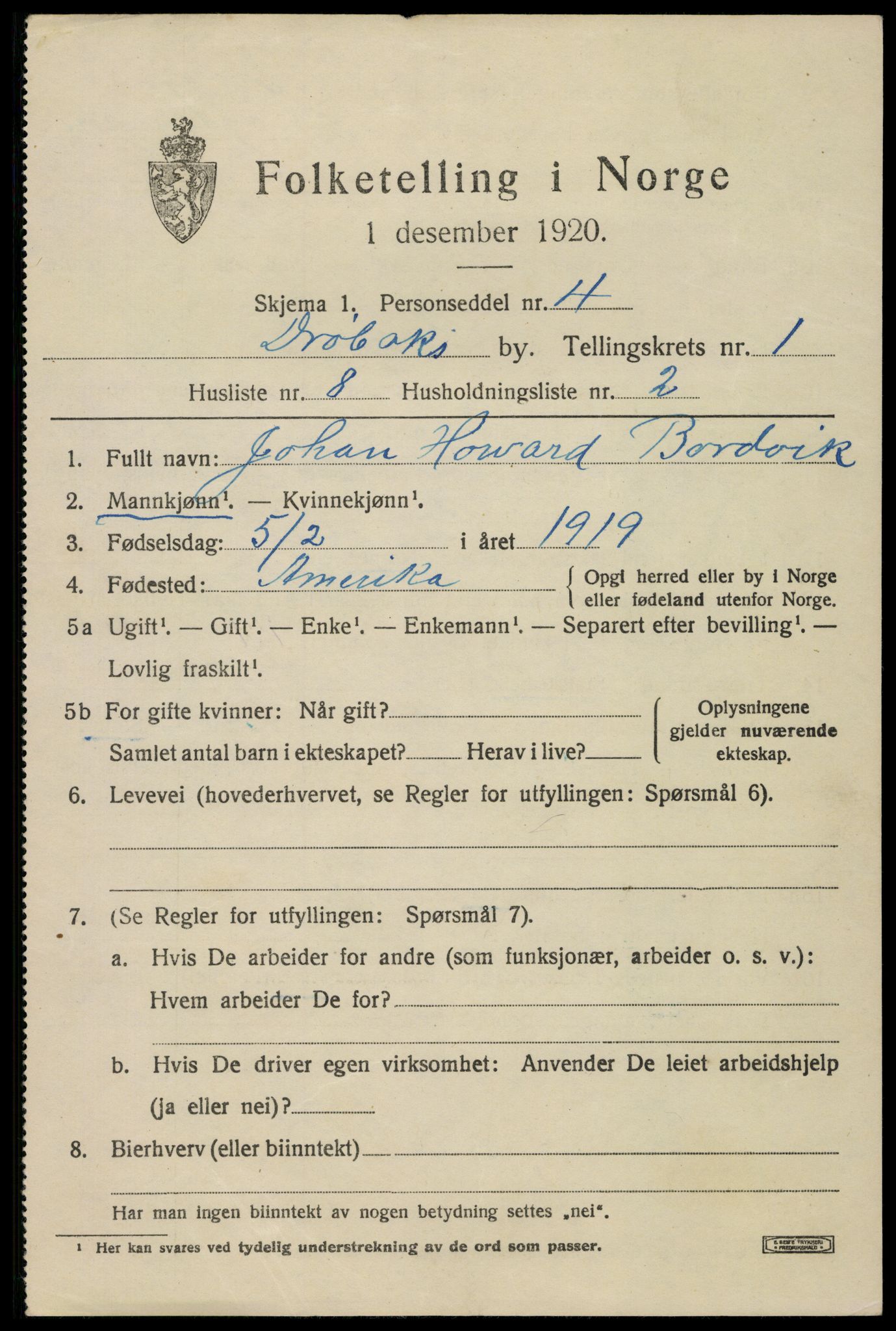 SAO, 1920 census for Drøbak, 1920, p. 2081