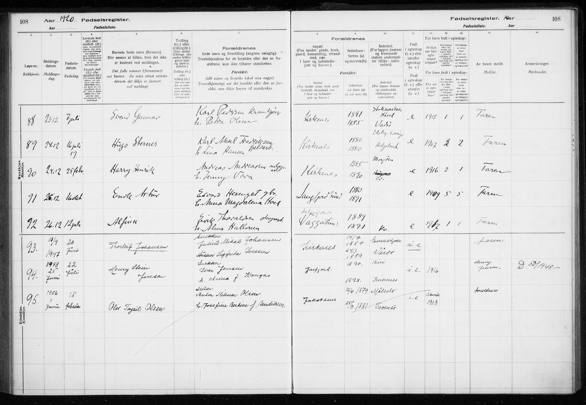 Sør-Varanger sokneprestkontor, AV/SATØ-S-1331/I/Ia/L0016: Birth register no. 16, 1915-1925, p. 108