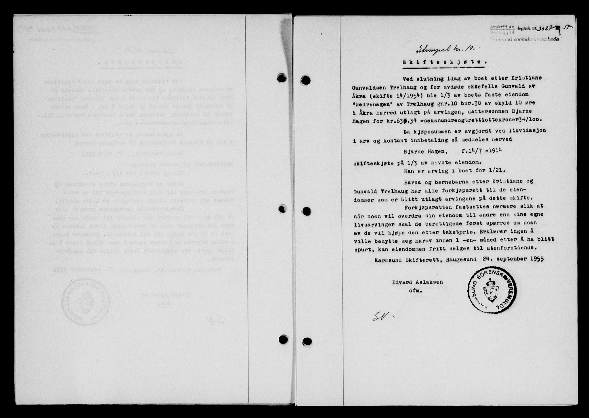 Karmsund sorenskriveri, SAST/A-100311/01/II/IIB/L0117: Mortgage book no. 97Aa, 1955-1955, Diary no: : 3027/1955