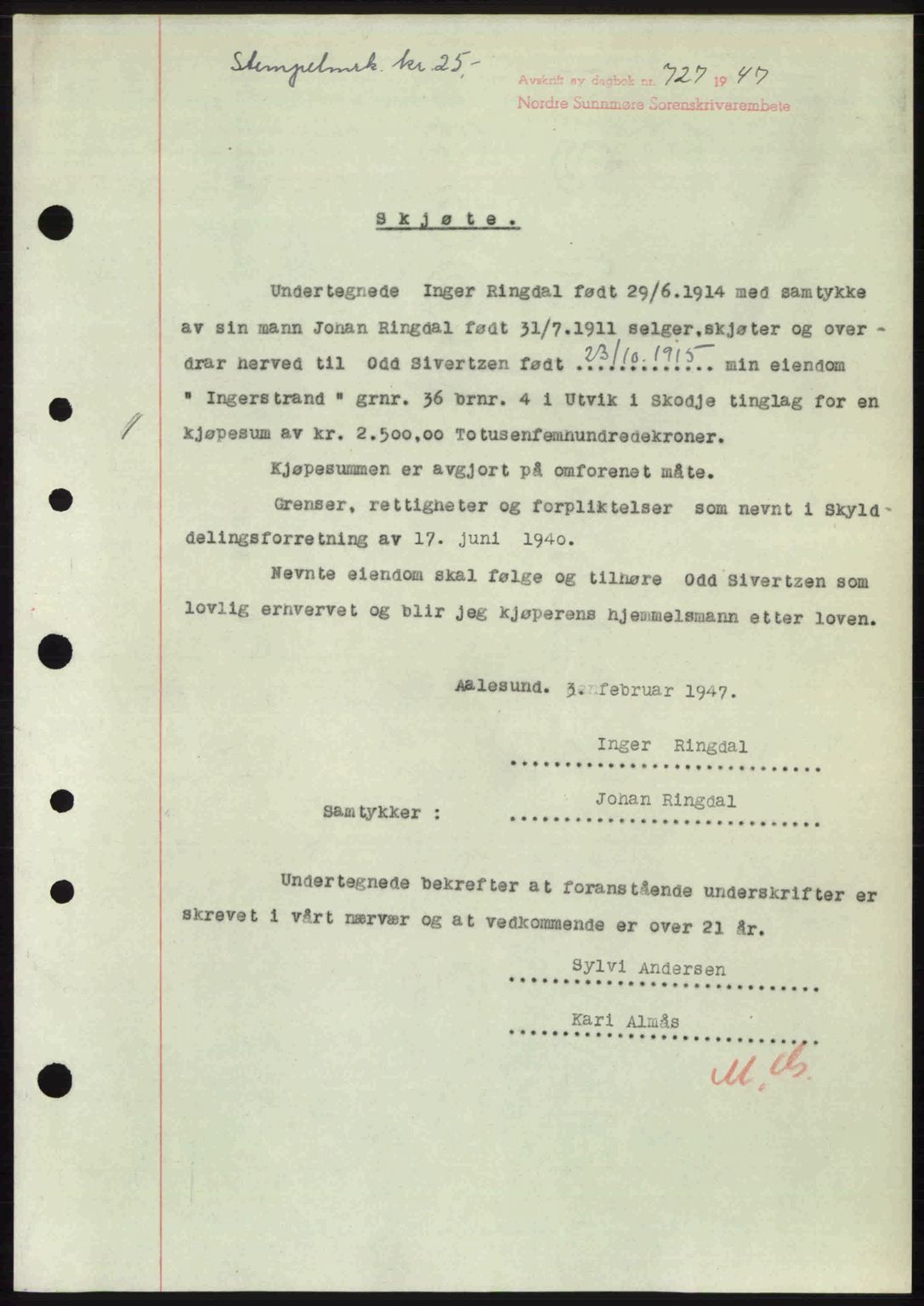 Nordre Sunnmøre sorenskriveri, AV/SAT-A-0006/1/2/2C/2Ca: Mortgage book no. A24, 1947-1947, Diary no: : 727/1947