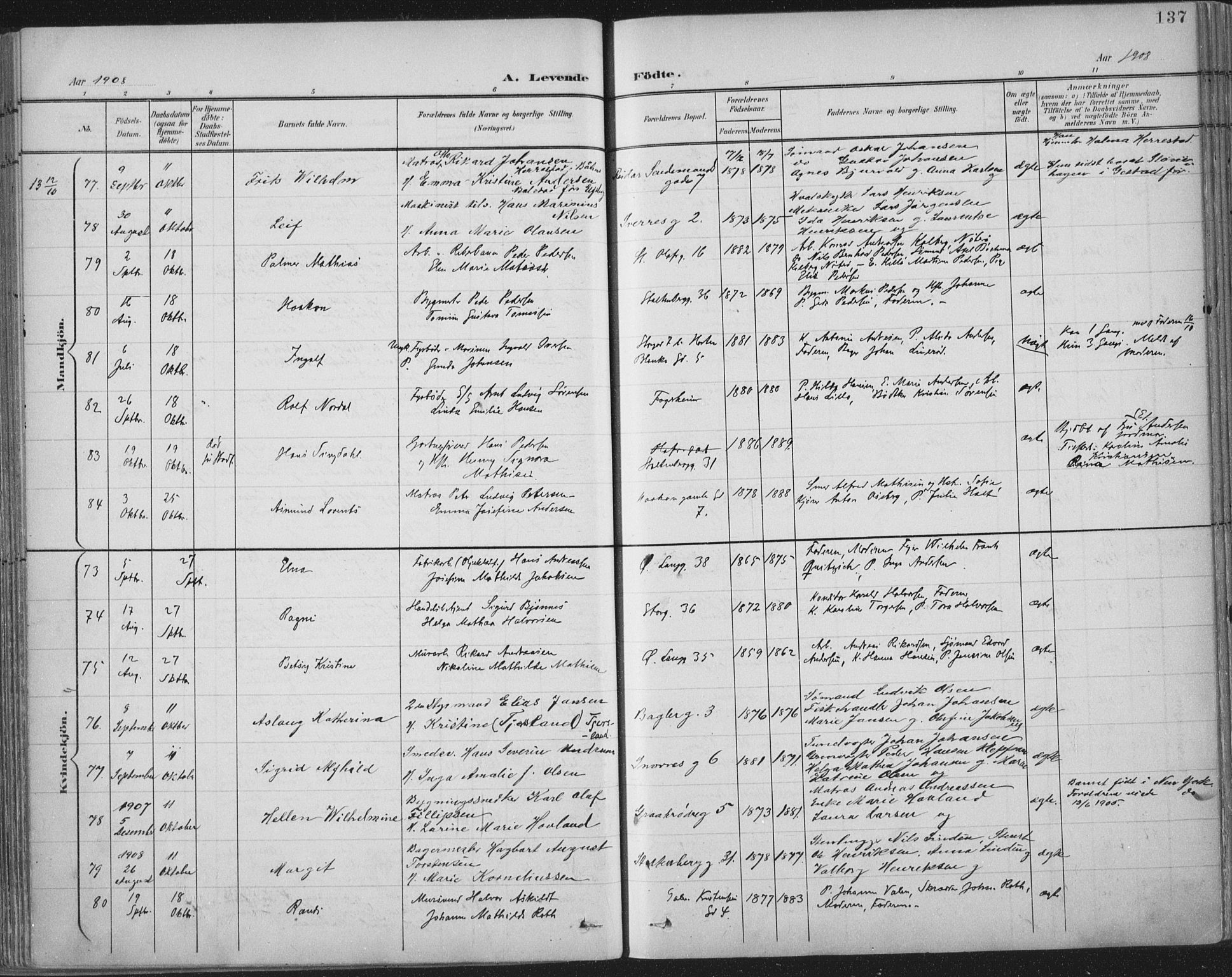 Tønsberg kirkebøker, SAKO/A-330/F/Fa/L0014: Parish register (official) no. I 14, 1900-1913, p. 137