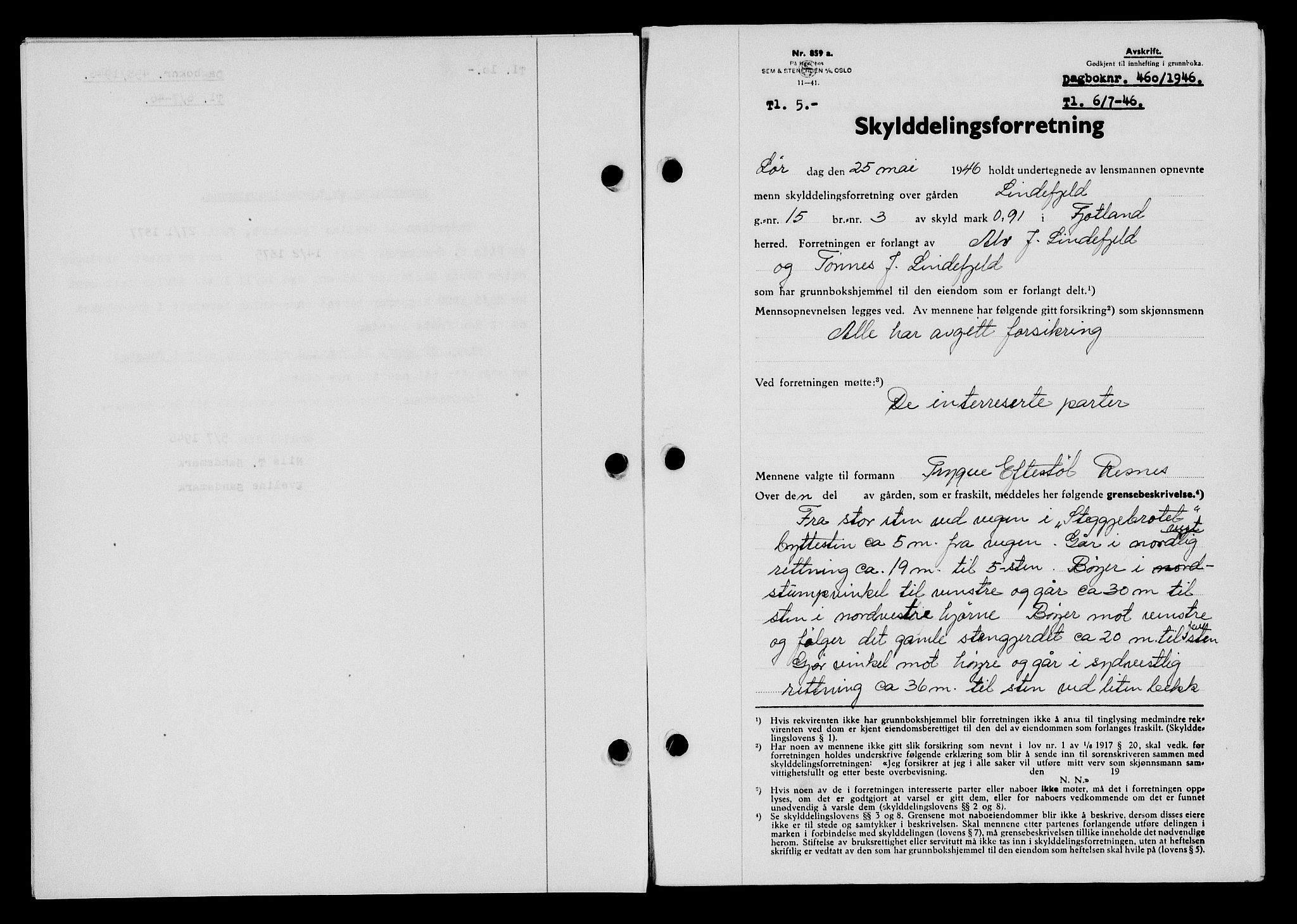 Flekkefjord sorenskriveri, AV/SAK-1221-0001/G/Gb/Gba/L0060: Mortgage book no. A-8, 1945-1946, Diary no: : 460/1946