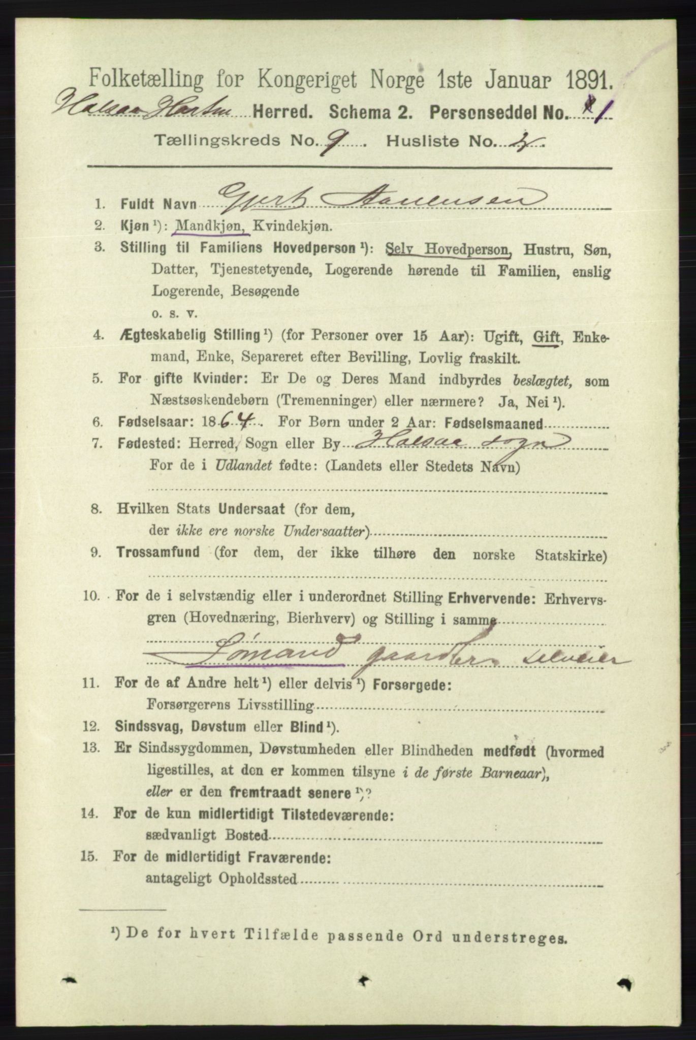 RA, 1891 census for 1019 Halse og Harkmark, 1891, p. 3599