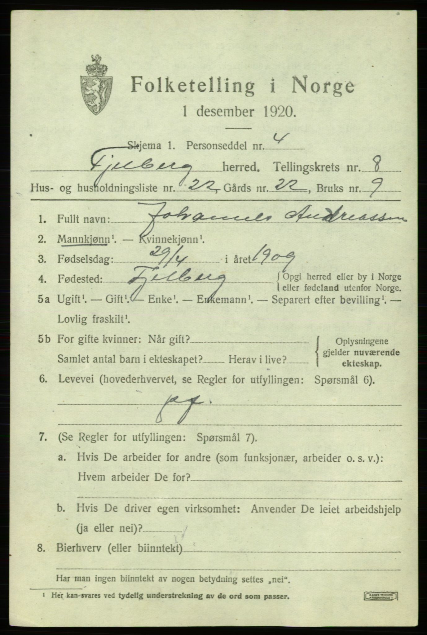 SAB, 1920 census for Fjelberg, 1920, p. 3499