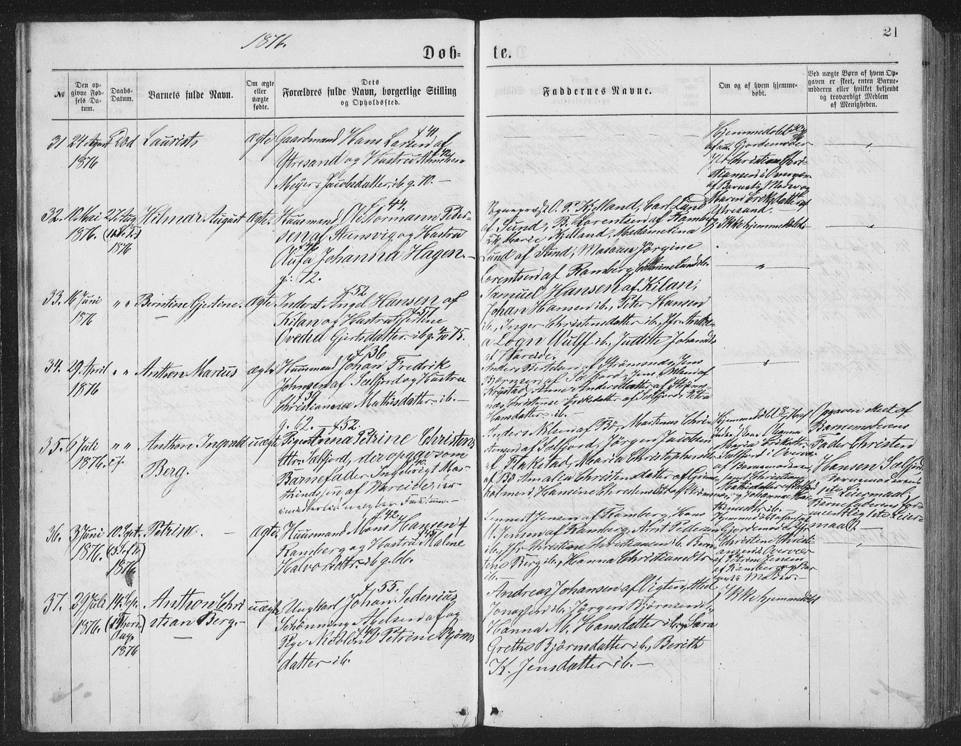 Ministerialprotokoller, klokkerbøker og fødselsregistre - Nordland, AV/SAT-A-1459/885/L1213: Parish register (copy) no. 885C02, 1874-1892, p. 21