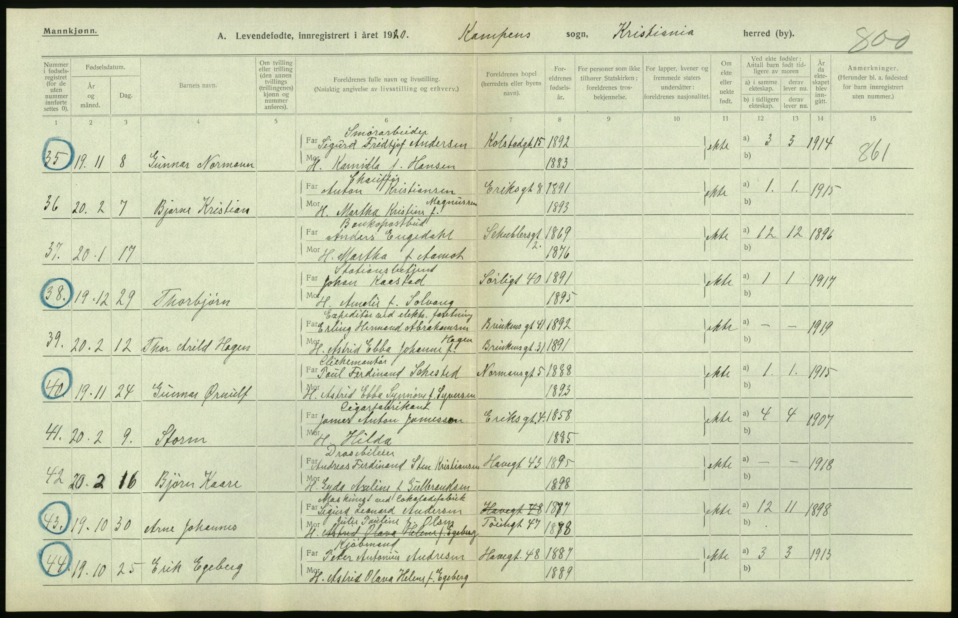 Statistisk sentralbyrå, Sosiodemografiske emner, Befolkning, RA/S-2228/D/Df/Dfb/Dfbj/L0008: Kristiania: Levendefødte menn og kvinner., 1920, p. 192