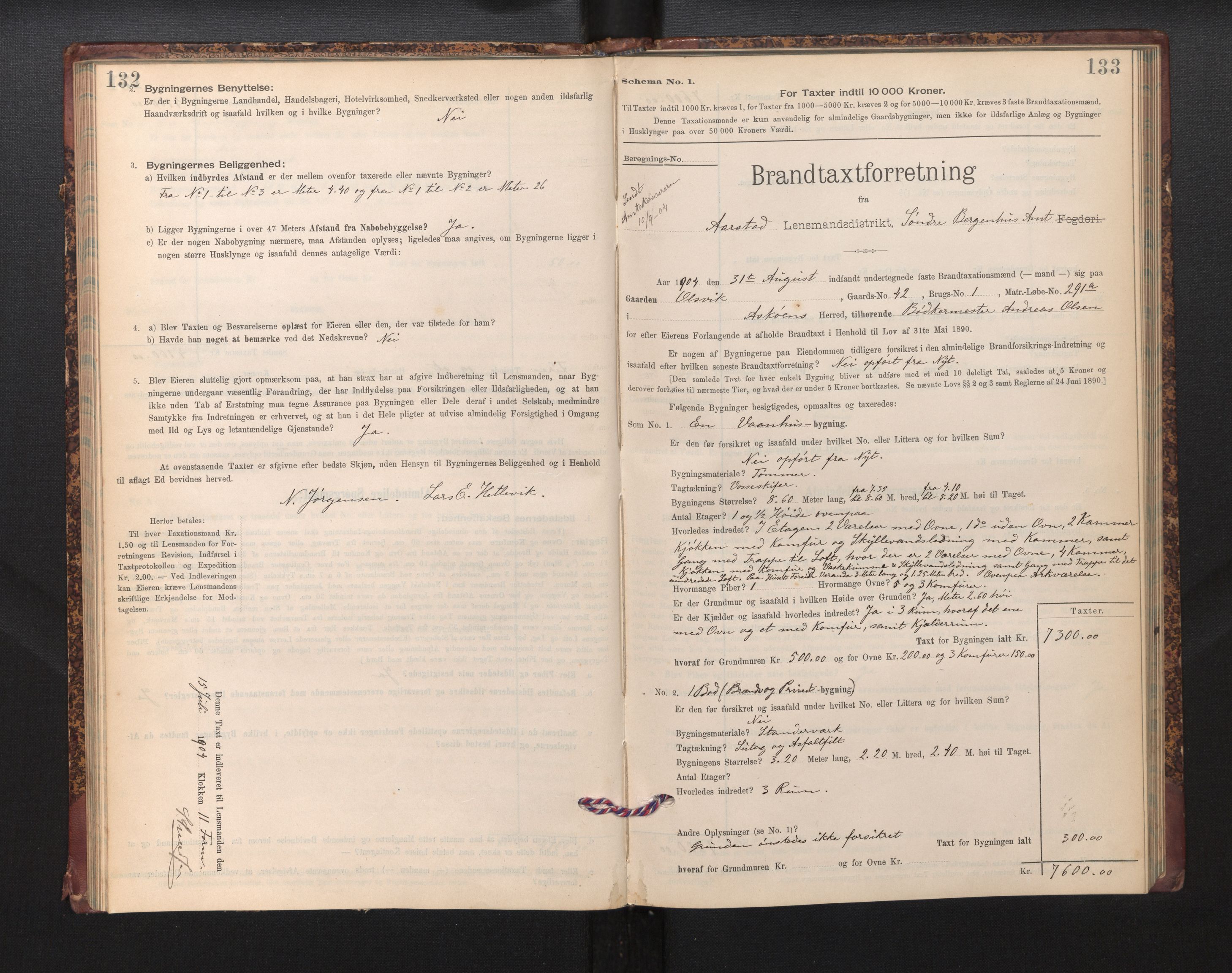 Lensmannen i Årstad, AV/SAB-A-36201/0012/L0013: Branntakstprotokoll,skjematakst, 1901-1907, p. 132-133