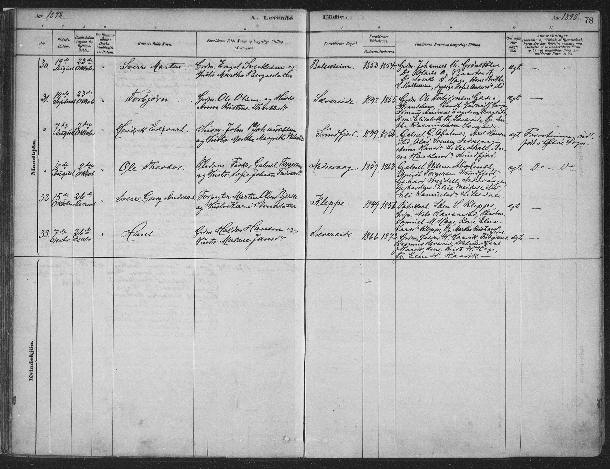 Fusa sokneprestembete, SAB/A-75401/H/Haa: Parish register (official) no. D 1, 1880-1938, p. 78