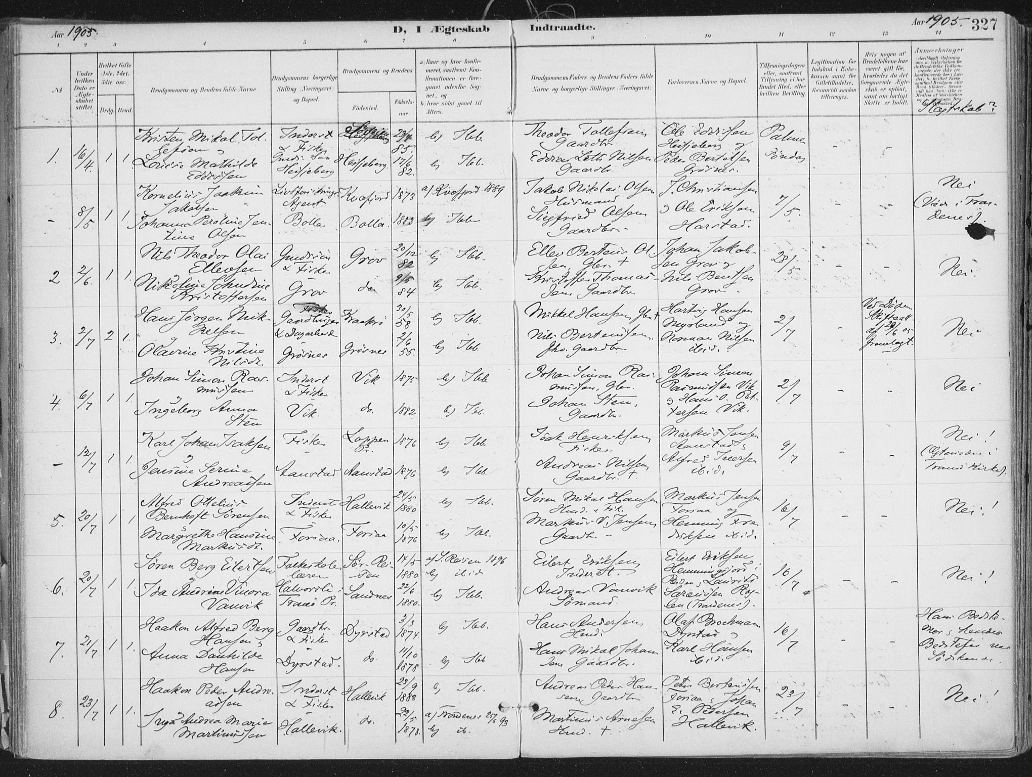 Ibestad sokneprestembete, SATØ/S-0077/H/Ha/Haa/L0017kirke: Parish register (official) no. 17, 1901-1914, p. 327
