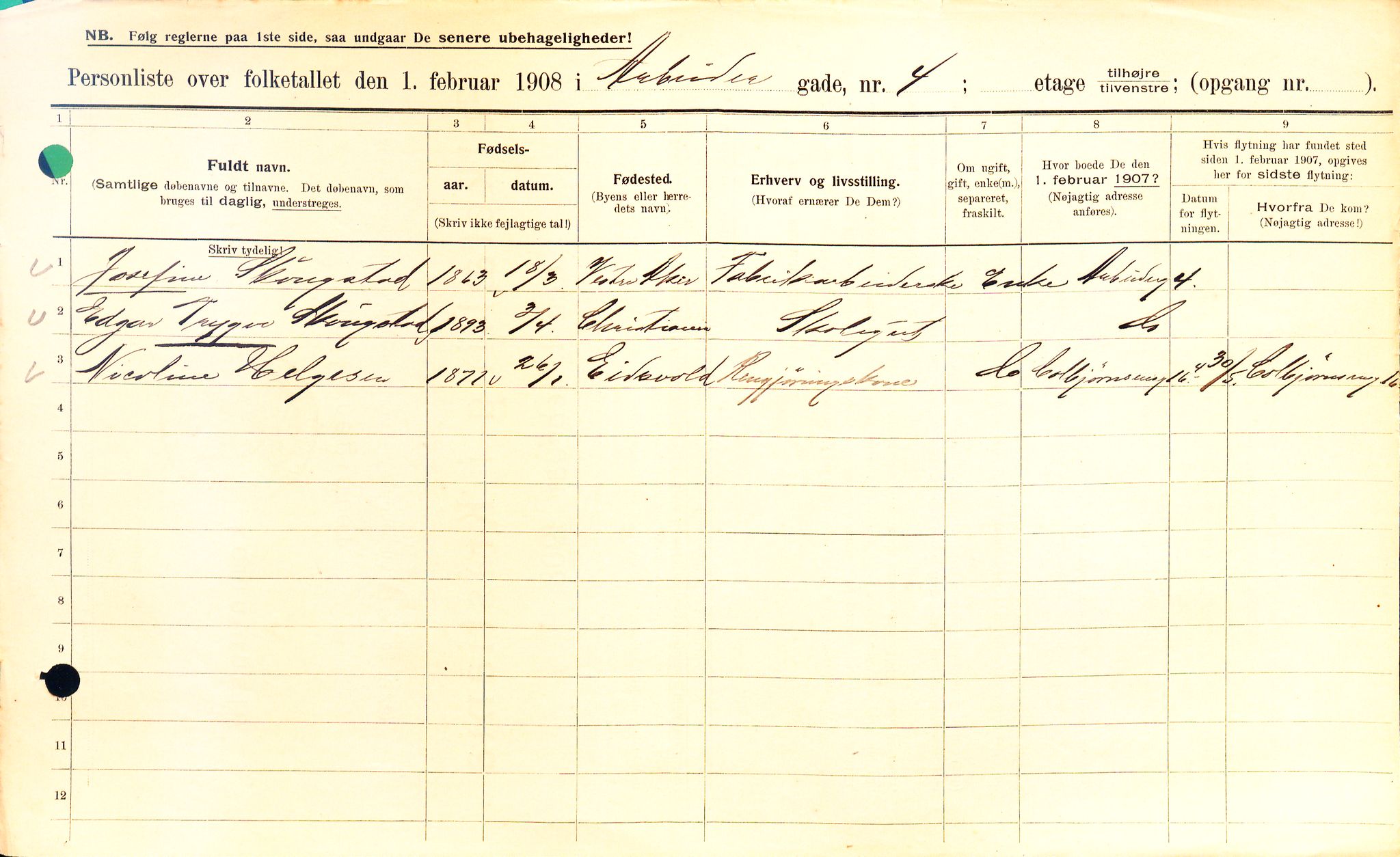 OBA, Municipal Census 1908 for Kristiania, 1908, p. 1738