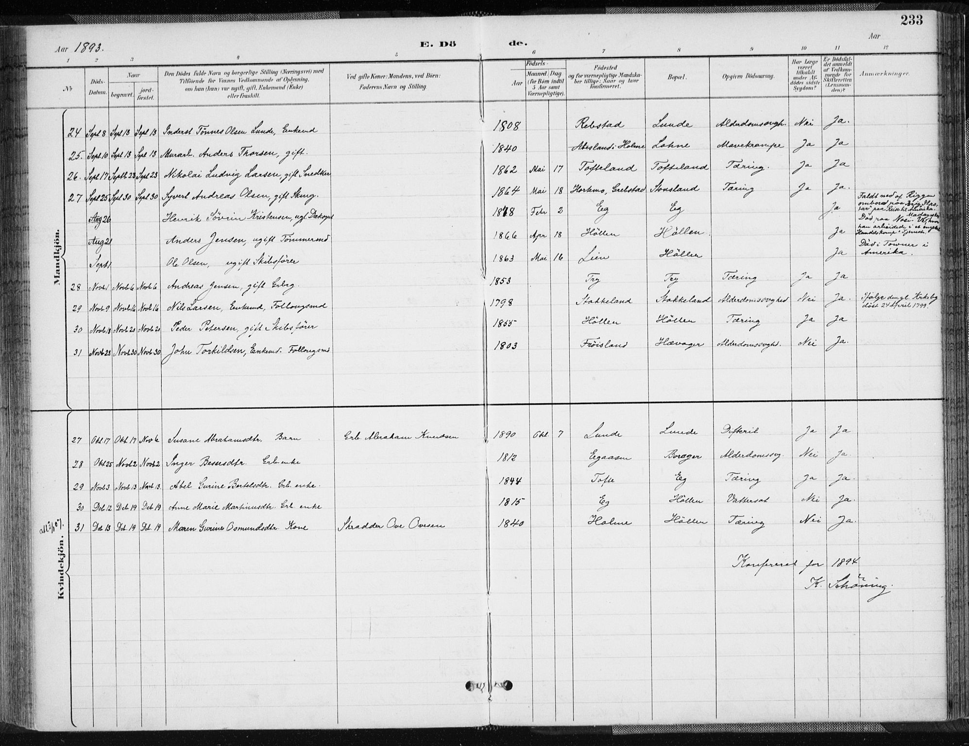 Søgne sokneprestkontor, SAK/1111-0037/F/Fa/Fab/L0013: Parish register (official) no. A 13, 1892-1911, p. 233