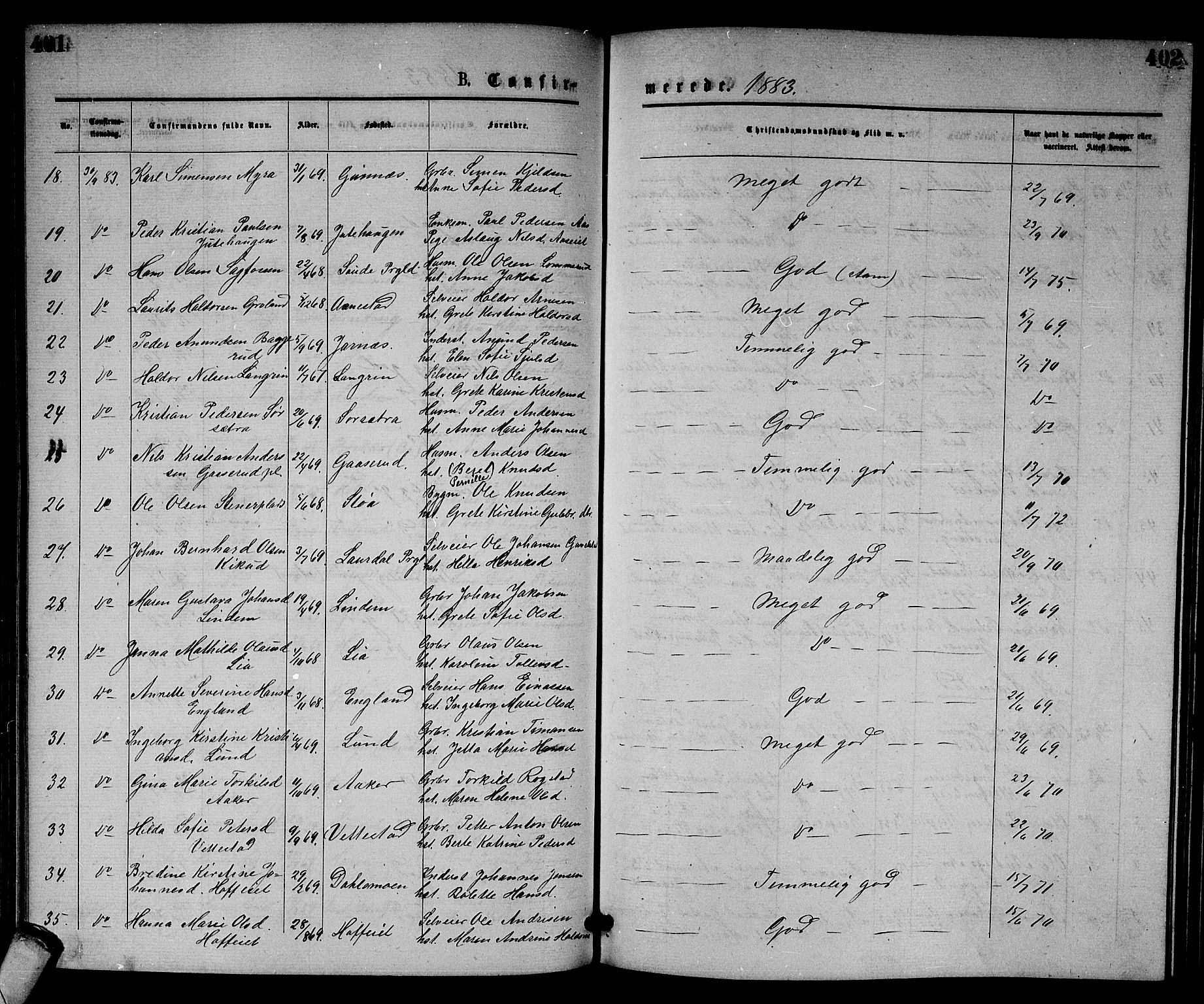 Sandsvær kirkebøker, AV/SAKO-A-244/G/Gb/L0001: Parish register (copy) no. II 1, 1874-1885, p. 401-402