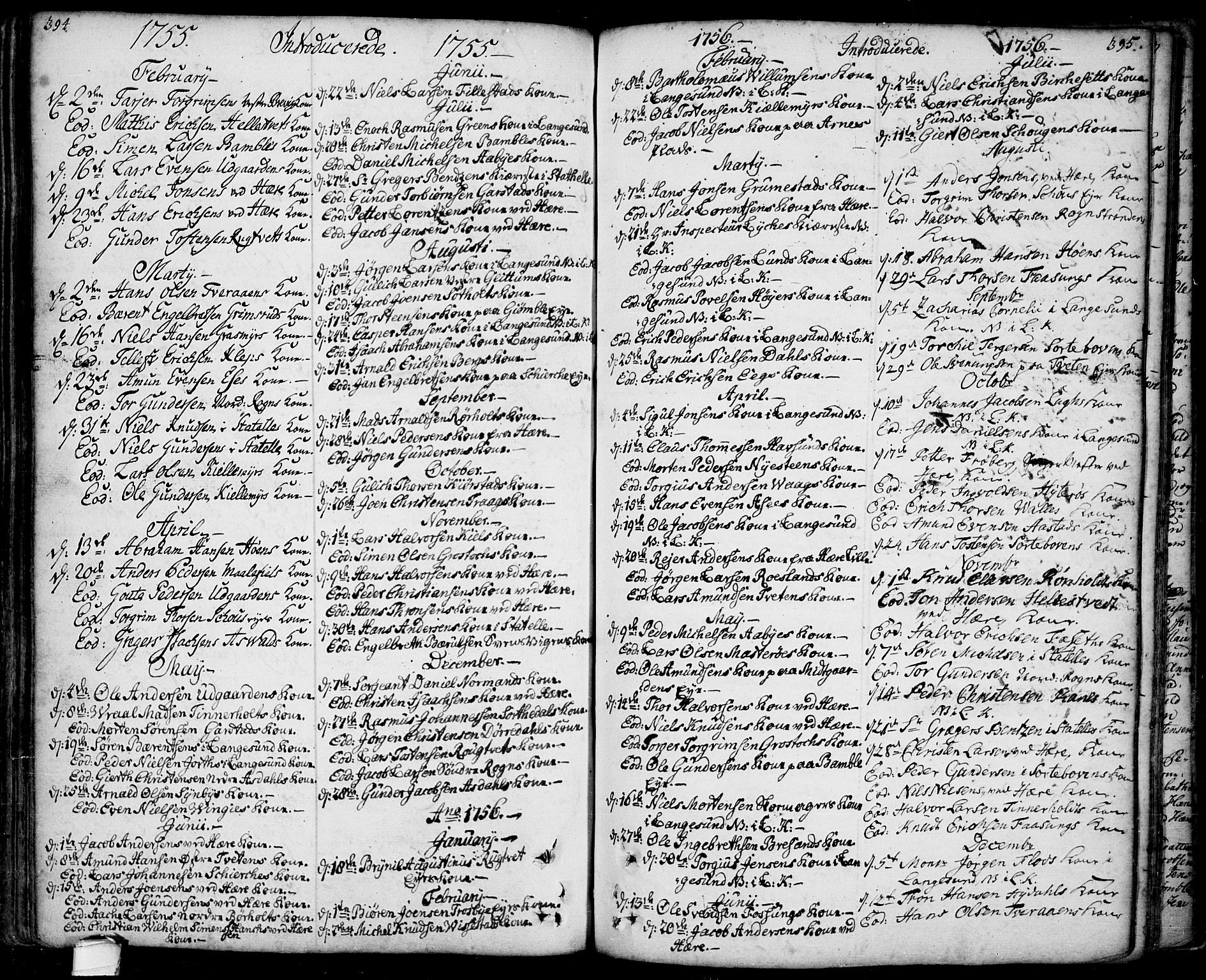 Bamble kirkebøker, SAKO/A-253/F/Fa/L0001: Parish register (official) no. I 1, 1702-1774, p. 394-395