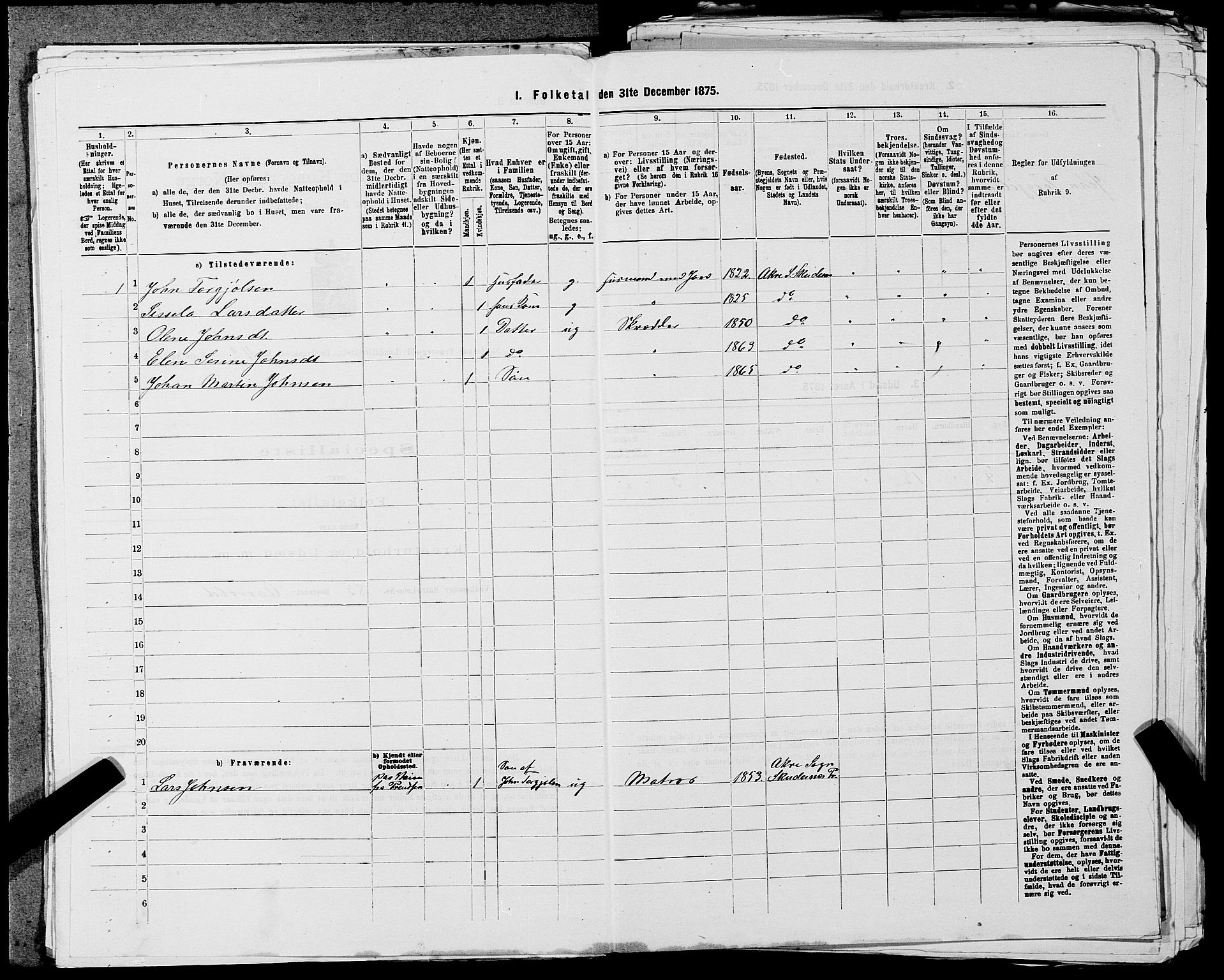 SAST, 1875 census for 1150L Skudenes/Falnes, Åkra og Ferkingstad, 1875, p. 391