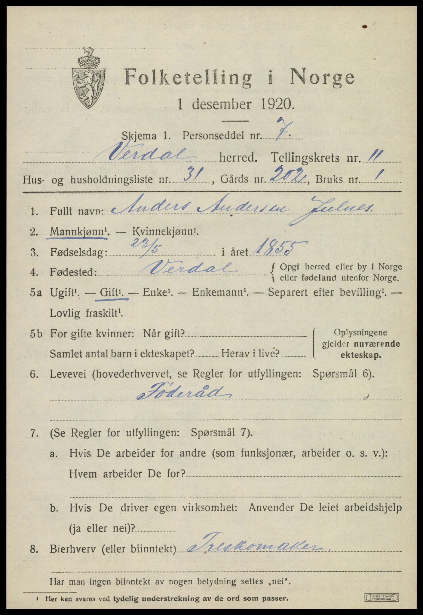 SAT, 1920 census for Verdal, 1920, p. 13249